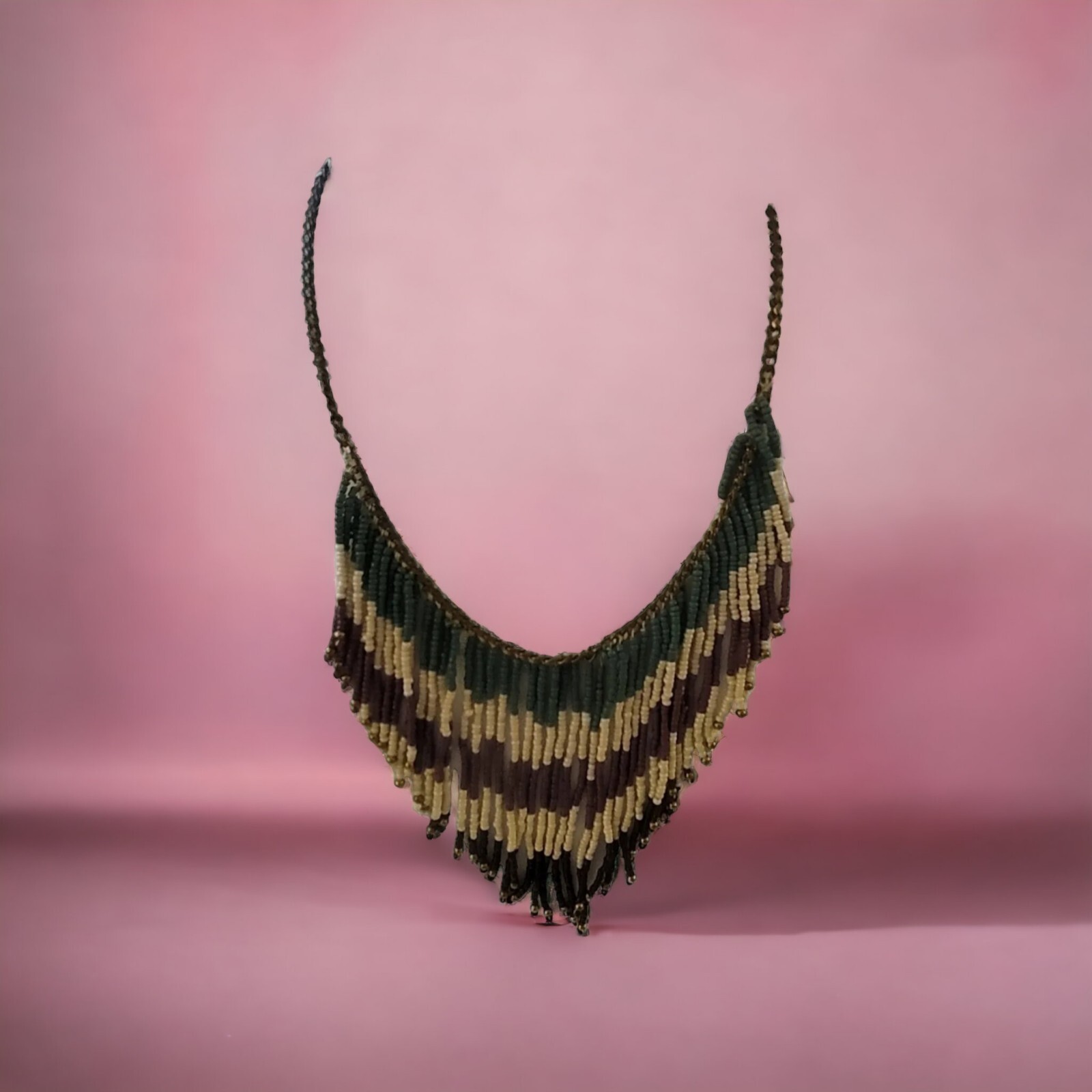 Vintage Fringe Bib Green Brown Seed Bead Necklace Boho Southwest