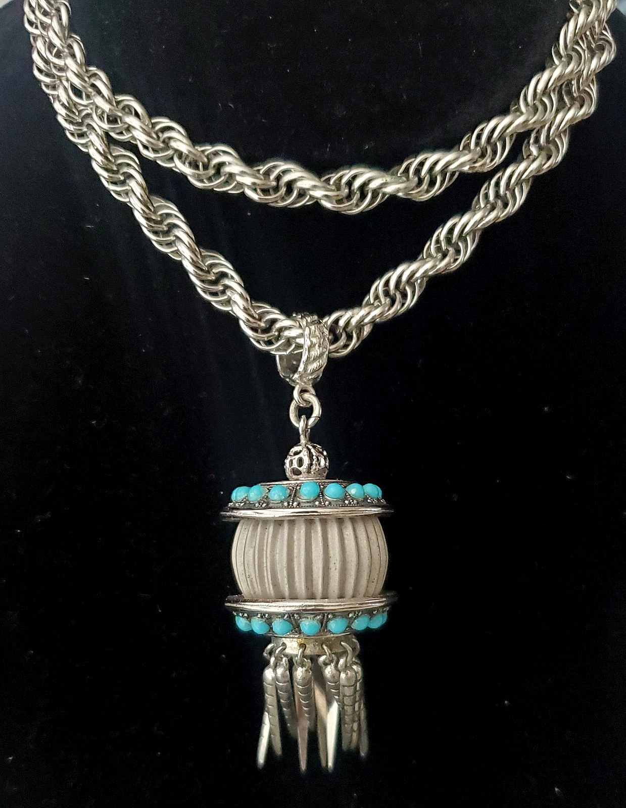 Vintage Victorian Revival Lantern Tassel Turquoise Glass Pendant Necklace