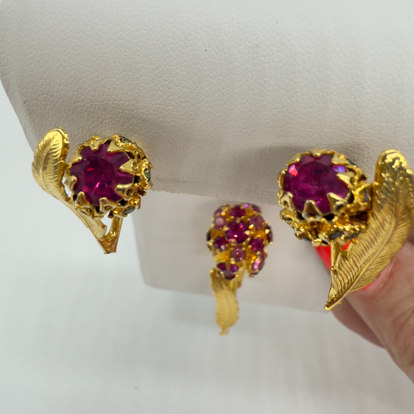 Vintage Flower Brooch and Earring Set Pink Red Rhinestones Gold Tone Clip Ons