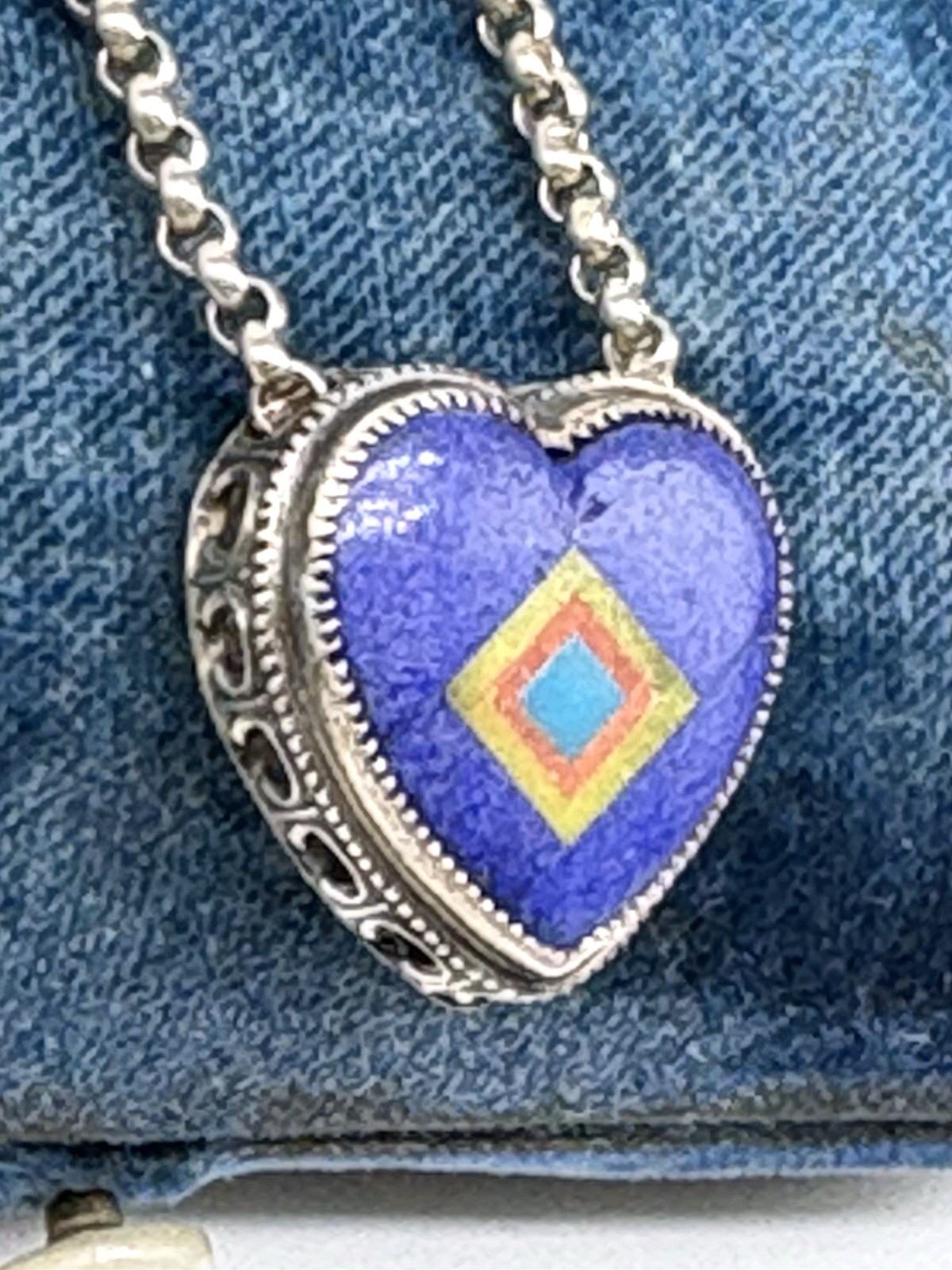 Aldrich Art Jewelry Necklace Blue Purple Heart Inlay Sterling Silver Vintage 18″