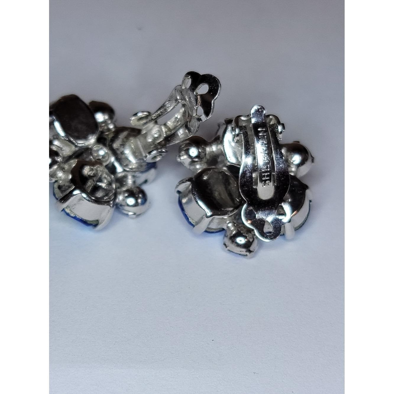 Vintage Gustav Sherman Blue Rhinestone Clip Earrings Signed Sapphire Cluster