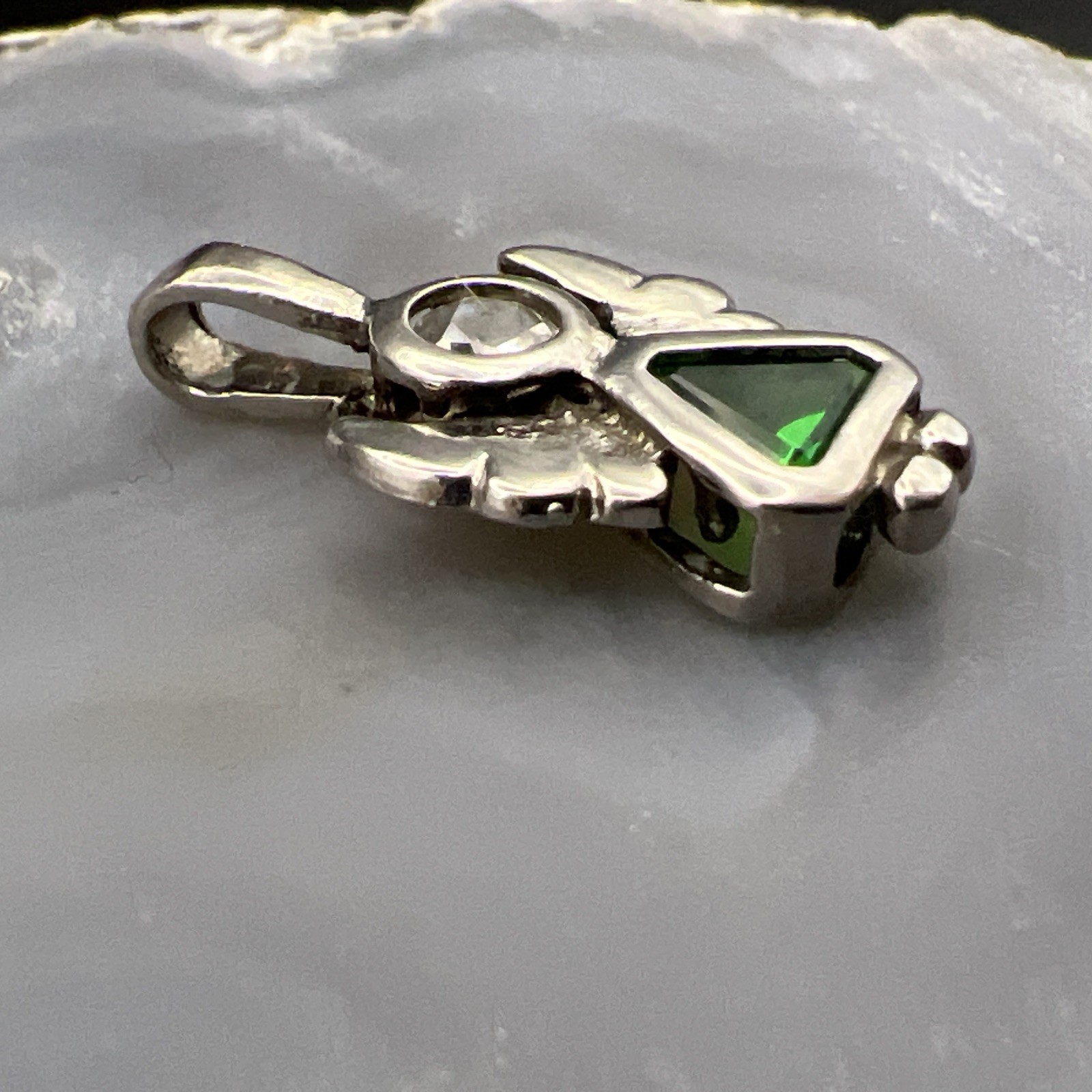 925 Sterling Silver Angel Pendant ~ May Green Birth Stone Girl Woman VTG 1” 2.1g
