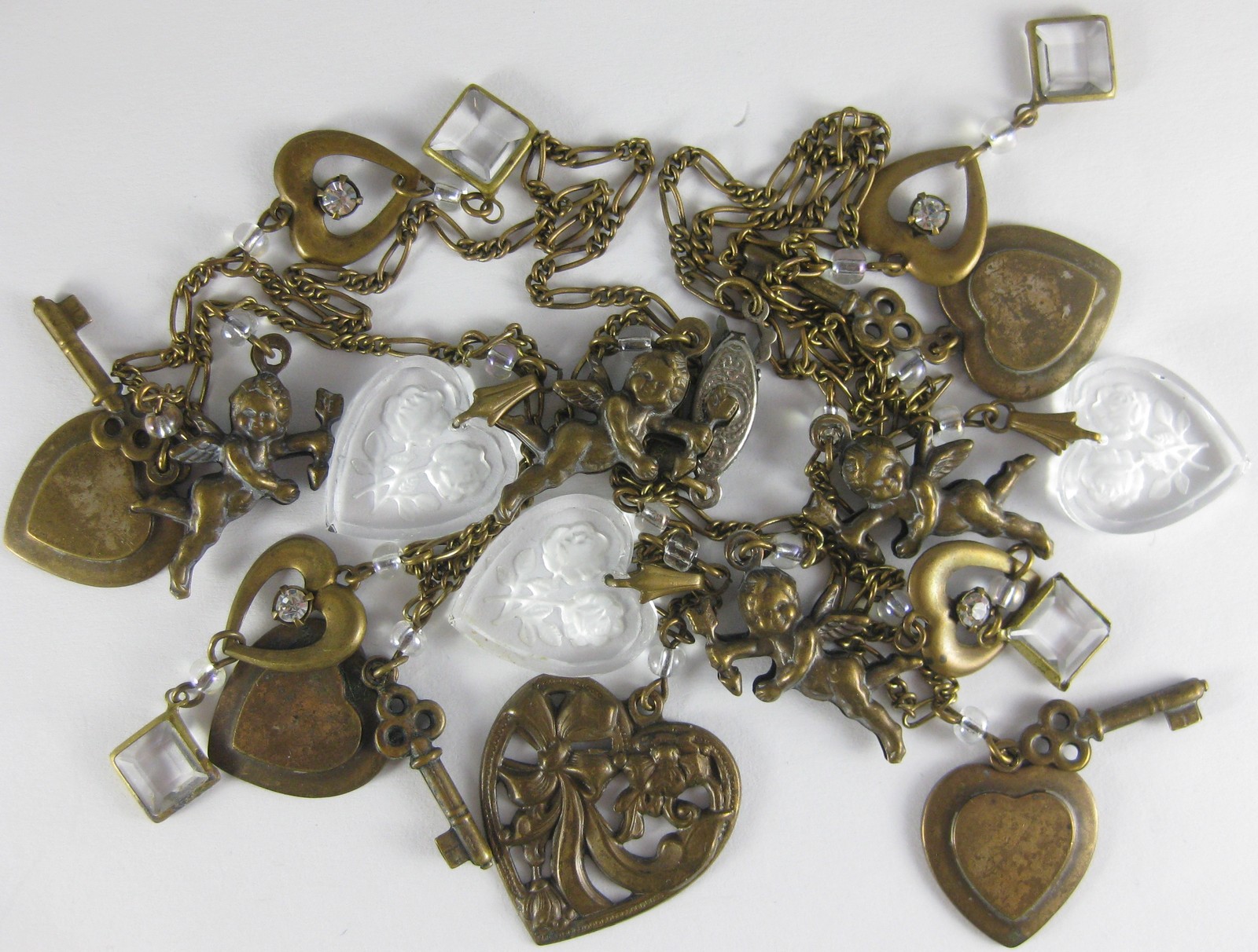 Glass Works Studio Vintage Brass Etched Glass Cherub & Heart Charm 30″ Necklace