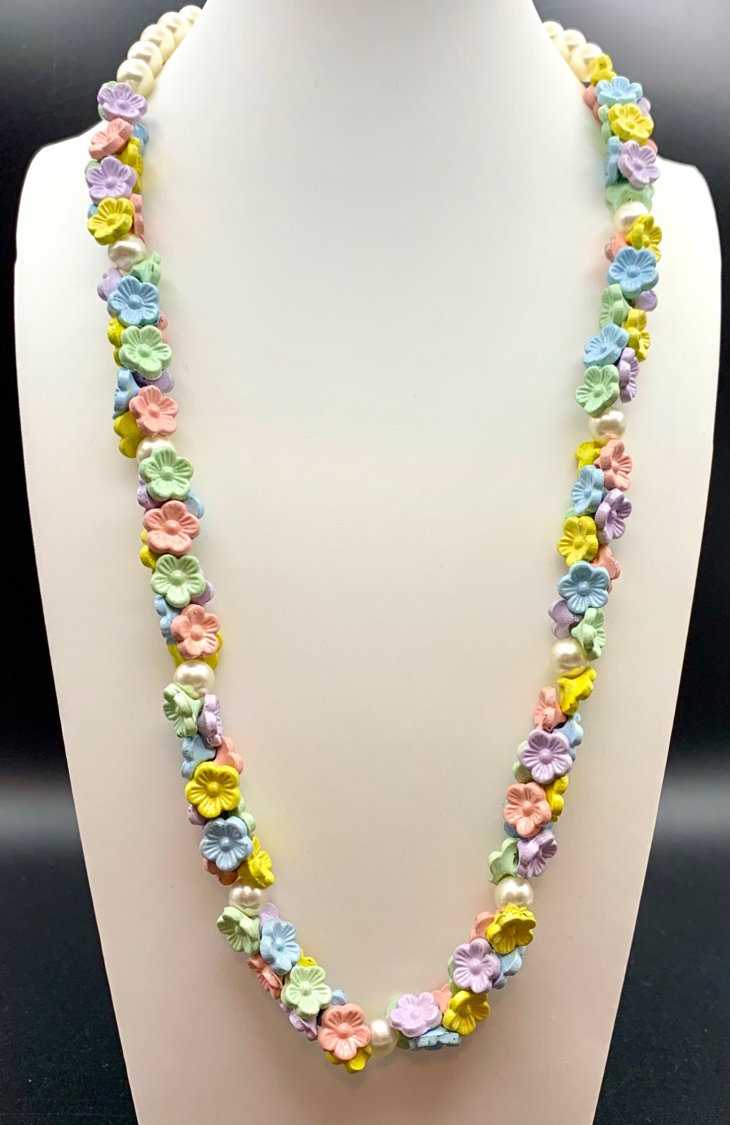 Vintage Celluloid Necklace Pastel Flower Daisy Beads and Faux Pearl 23″ Summer