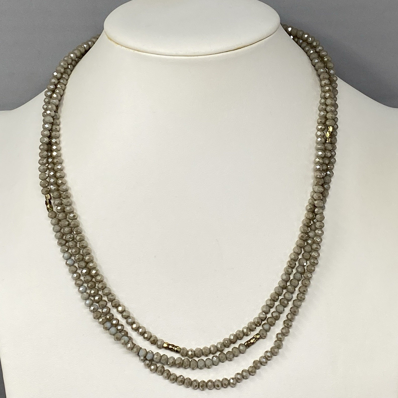Cream Fire Polished Glass Bead Necklace Surface Coated Long Tan Faceted 60″