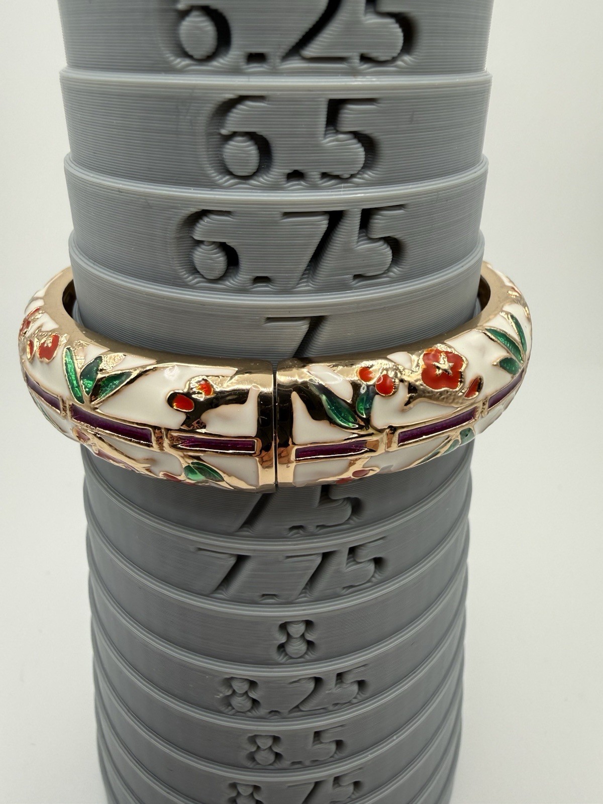 Jiu Long Xing- Red, Green, White, Purple Enamel Hinged Bangle Bracelet- Signed