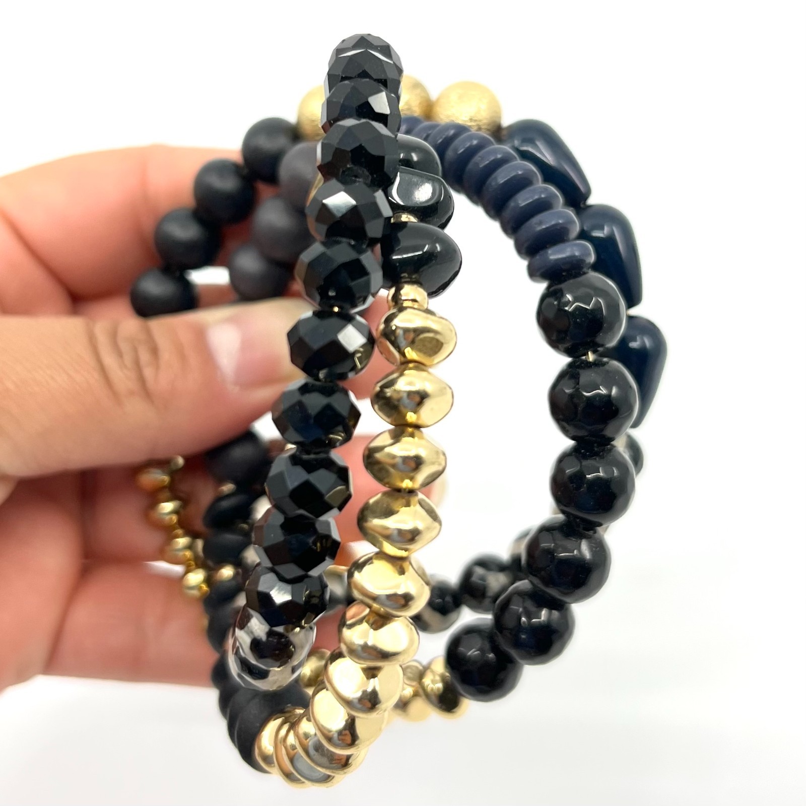 Vintage Boho Black Gold Multi-Strand Beaded Wrap Bracelet Mixed Texture Stack