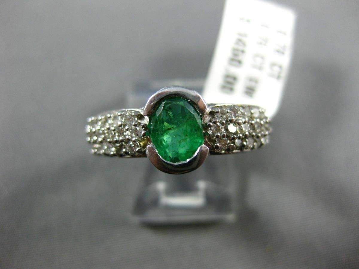 ESTATE 1.53CT DIAMOND & EMERALD 14KT WHITE GOLD OVAL SEMI BEZEL ENGAGEMENT RING