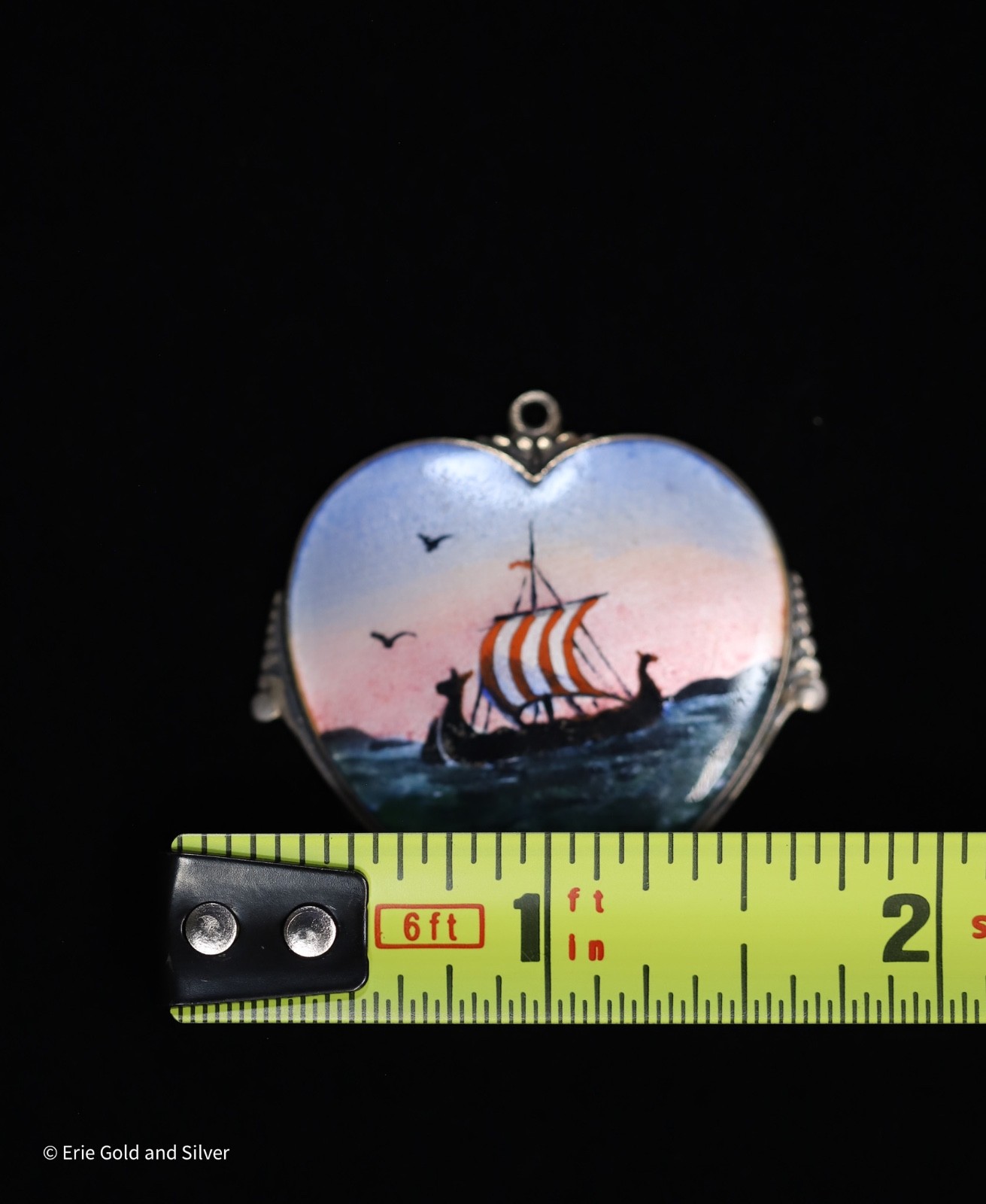 Vintage Sterling Silver Guilloche Enamel Viking Ship Pendant Charm