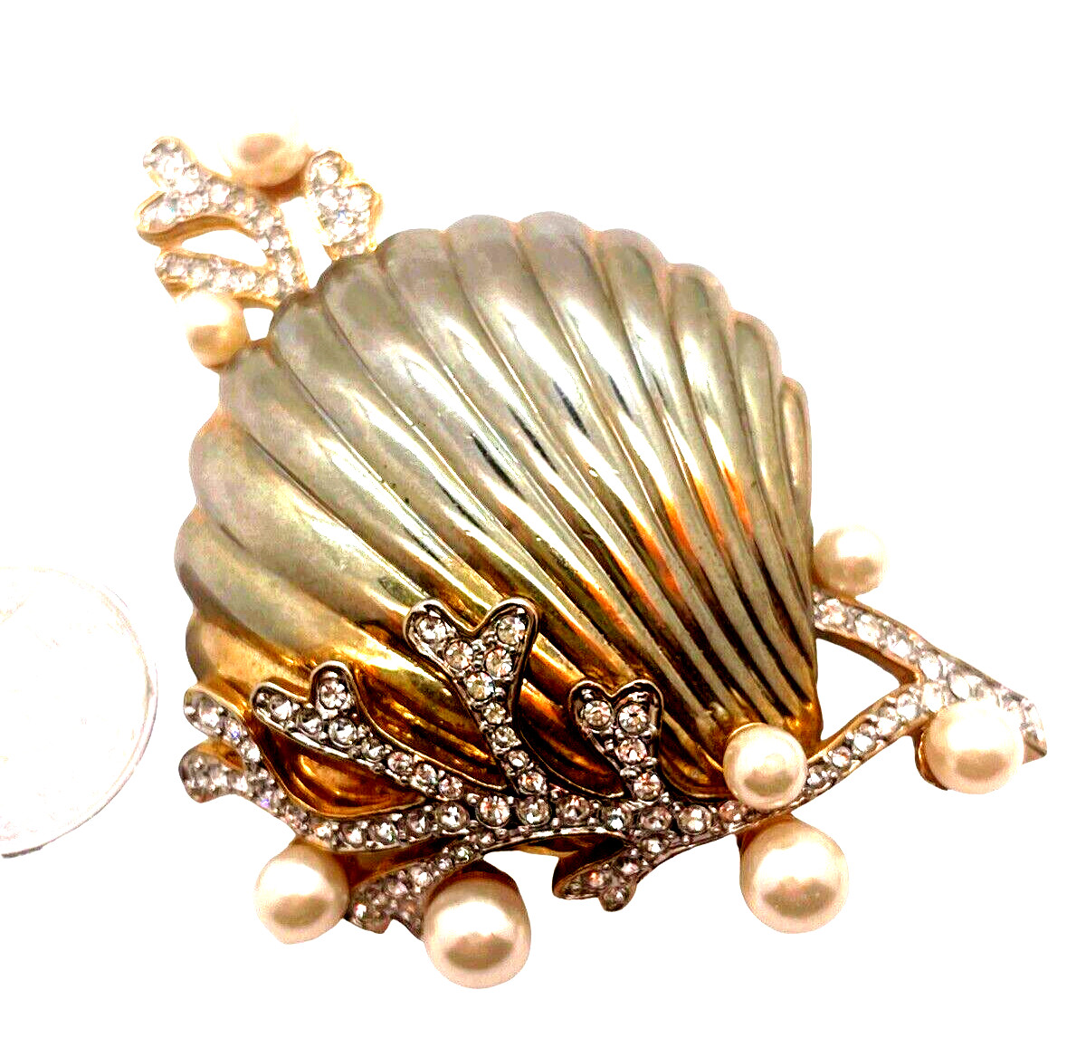 Under The Sea Huge Figural Shell & Rhinestone Embedded Coral Vintage Brooch!