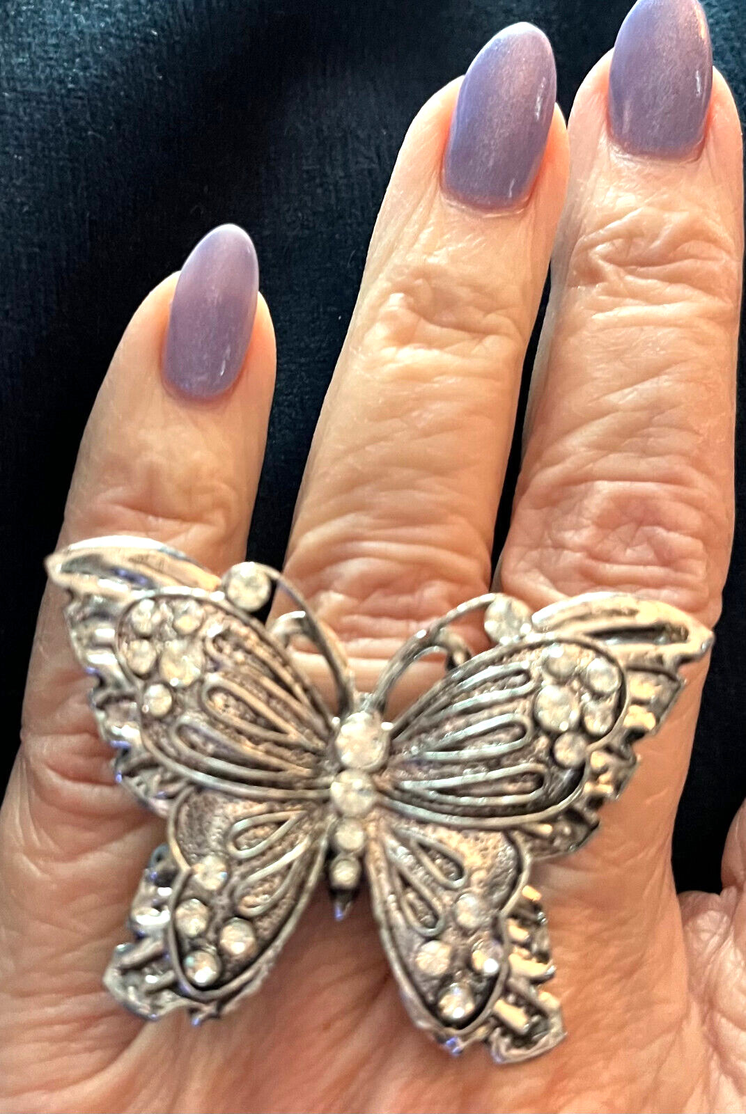 Vintage Silver & Rhinestone Butterfly Ring (Expanding Sz 6 – 7 1/2)