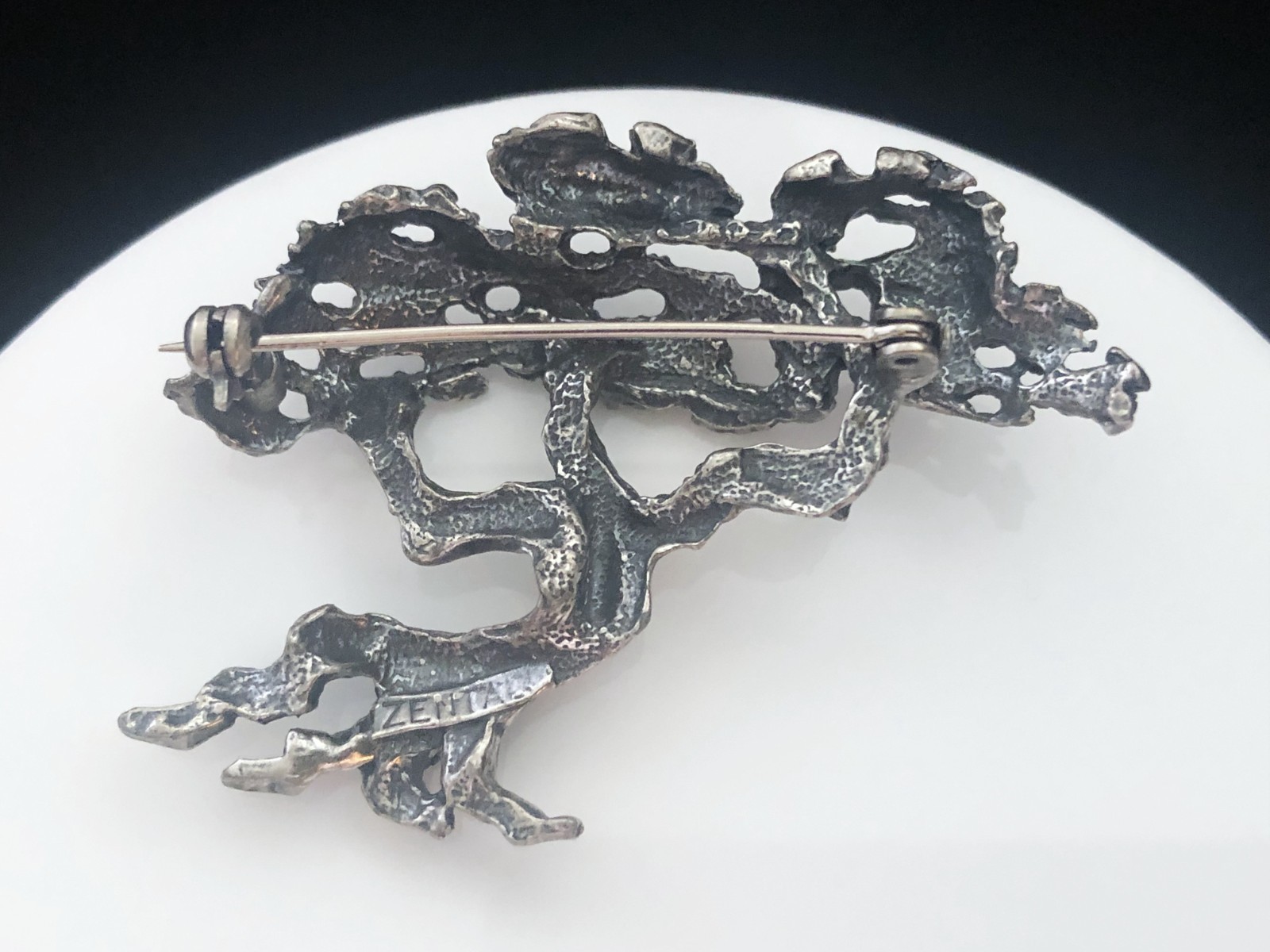 Vintage Signed ZENTALL Silver Tone Monterey Cypress Bonsai Tree Brooch Pin