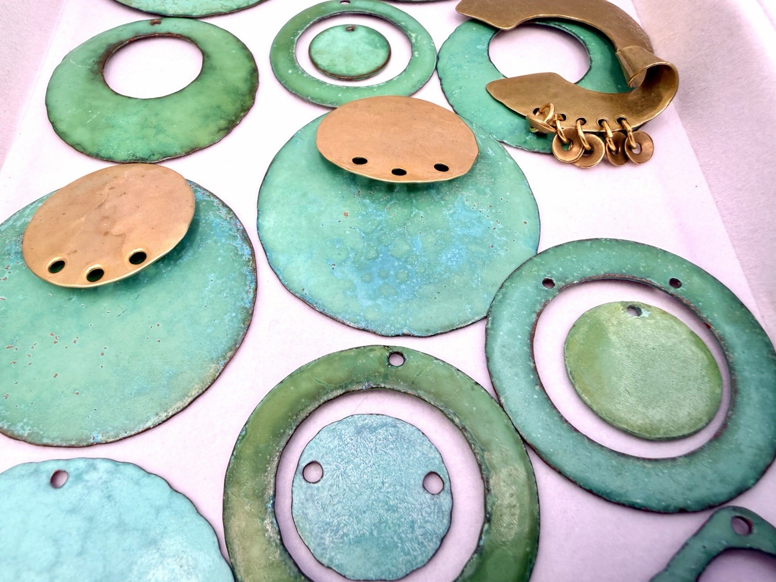 34 Pcs Vintage Handmade Hammered Brass Copper Layered Enamel Green Findings