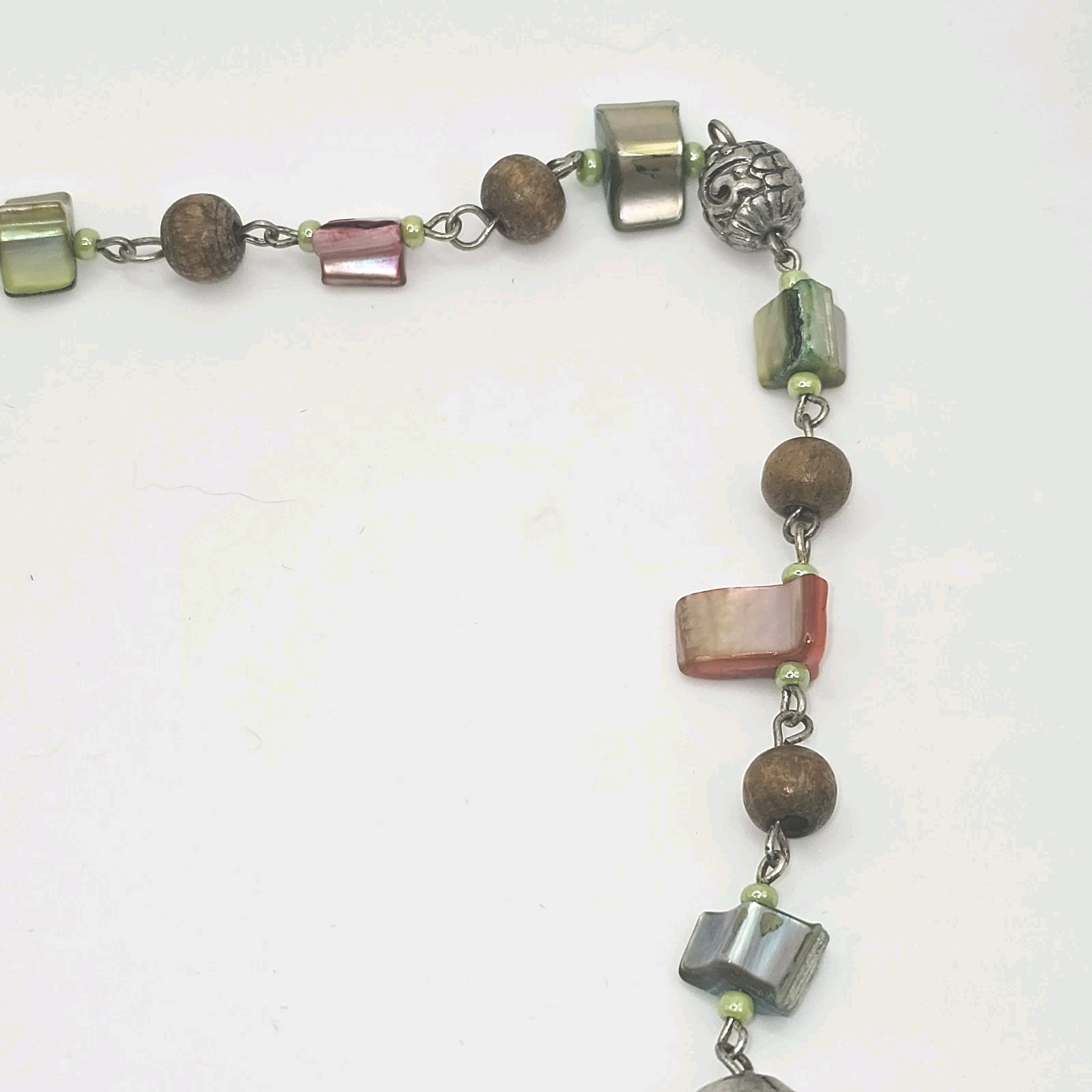 Vintage Multicolor Dyed Shell And Silver Tone Beaded Necklace 25″