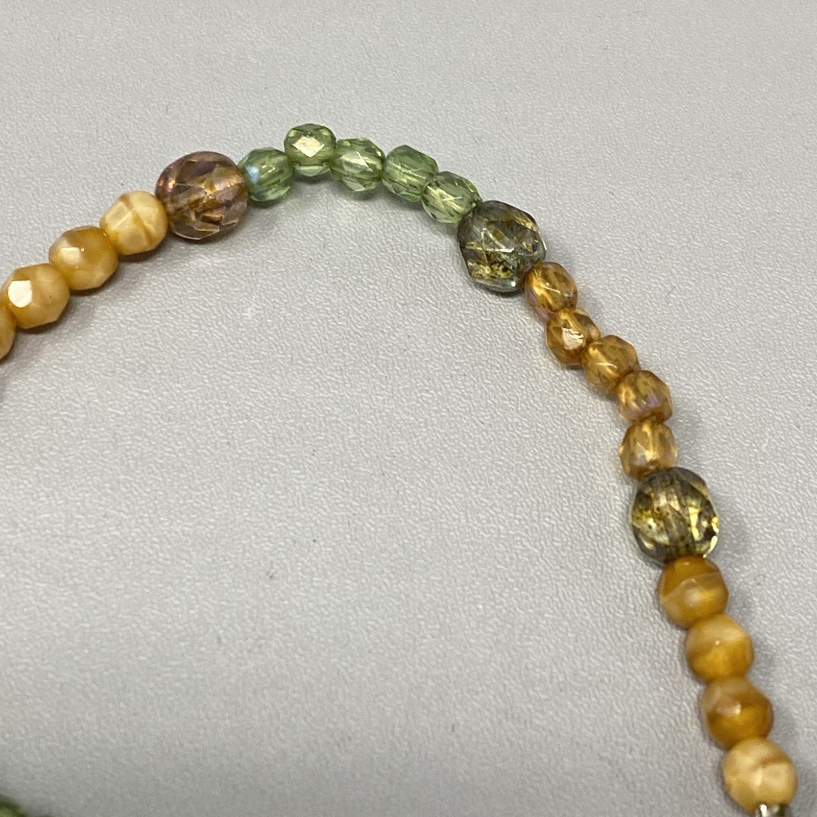 Glass Bead Bracelet Mini Green Orange Marble Faceted Fire Polished Coated 7″