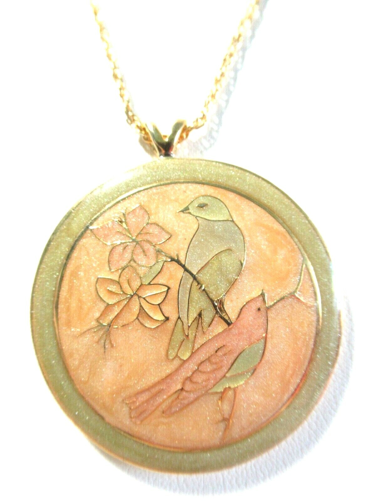 SHIMMERY BIRDS ON A BRANCH MUTED GREEN PINK ACRYLIC PENDANT NECKLACE