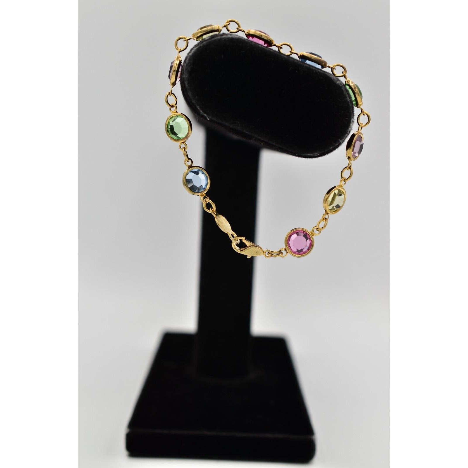 Austrian USA Vintage Crystal Chain Bracelet Open Bezel Gold Linked Signed BinAD