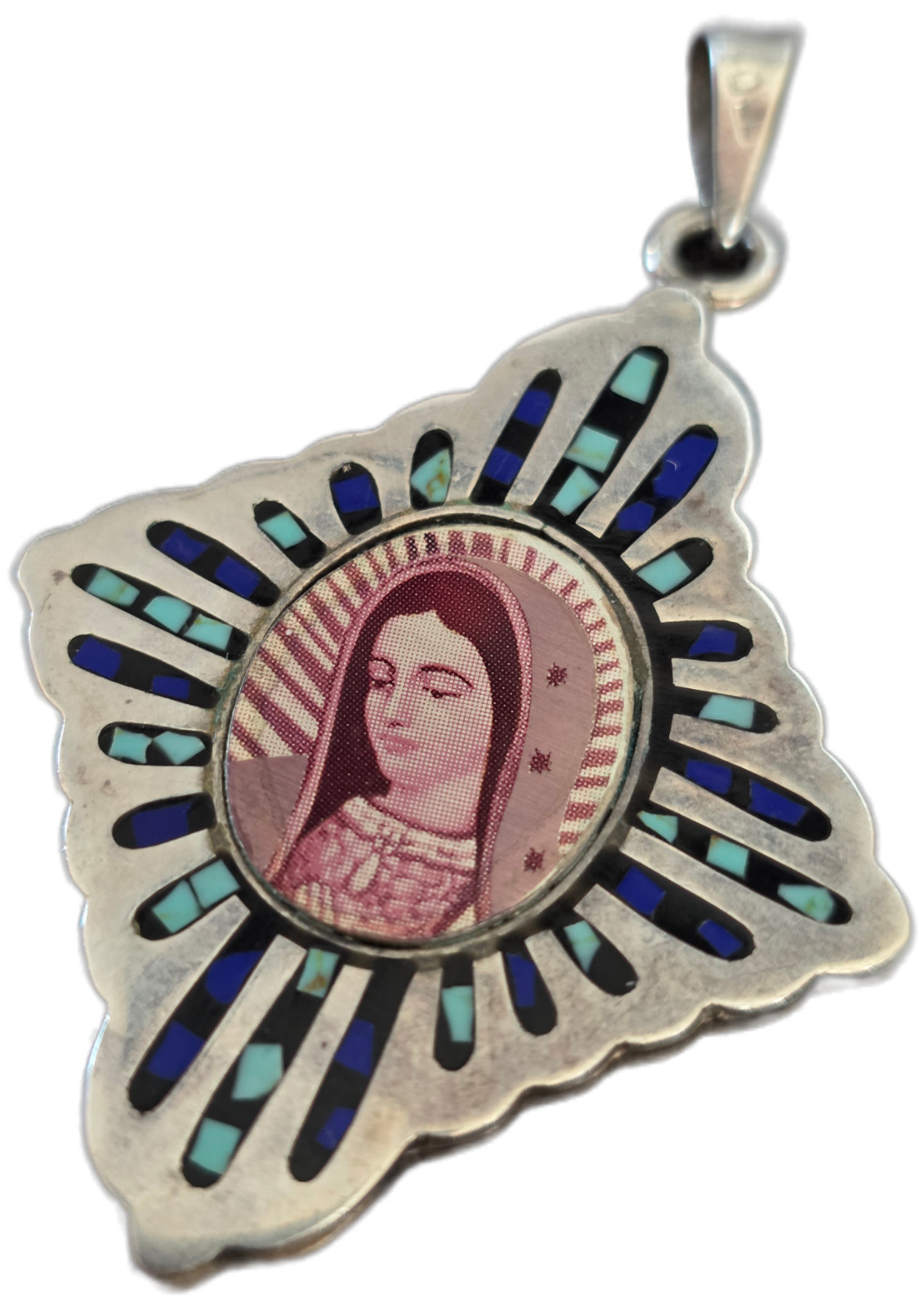 Large Sterling Silver Enamel Virgin Mary Pendant Blue Turquoise Religious Medal