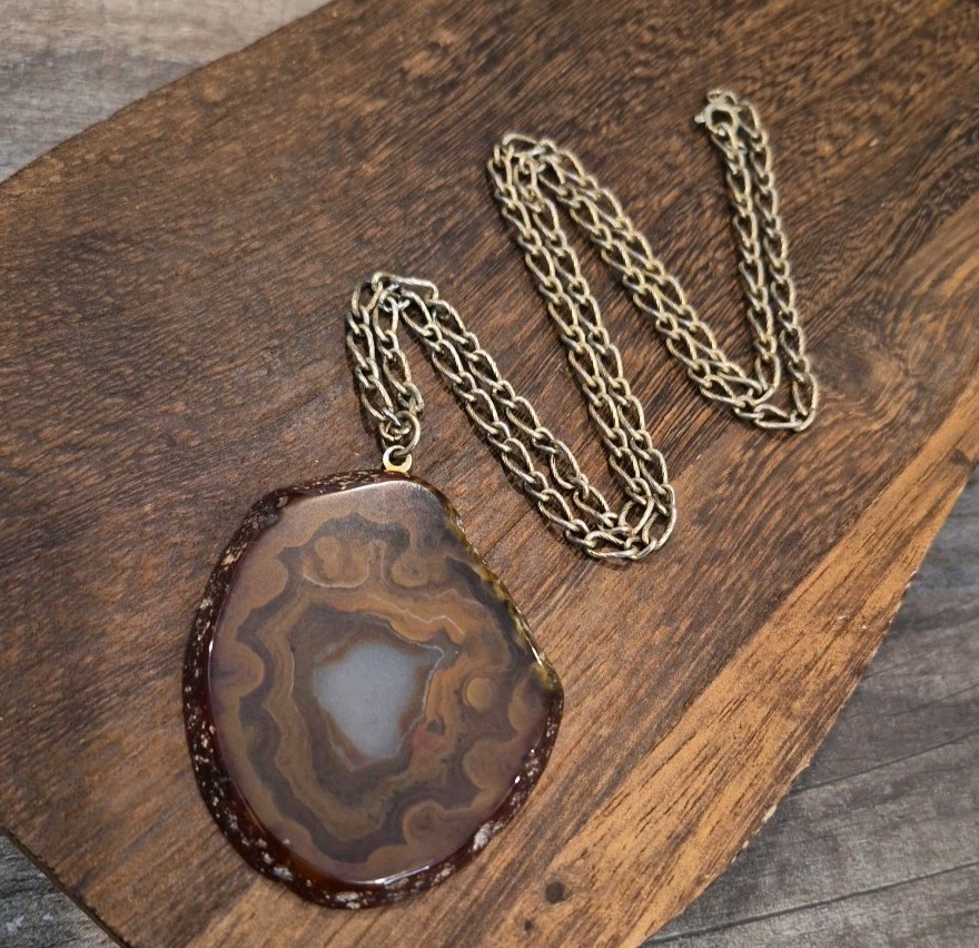 Vintage Stone & Mixed Metal Necklaces, Chipped Tiger’s Eye & Agate Slice Pendant