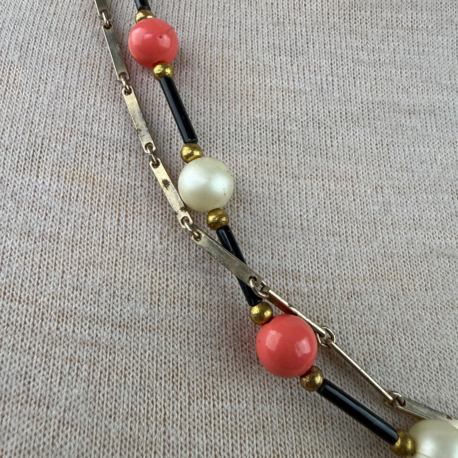 Vintage Two Strand Pink, Faux Pearl, Black Gold Tone Chain Necklace 22.5″