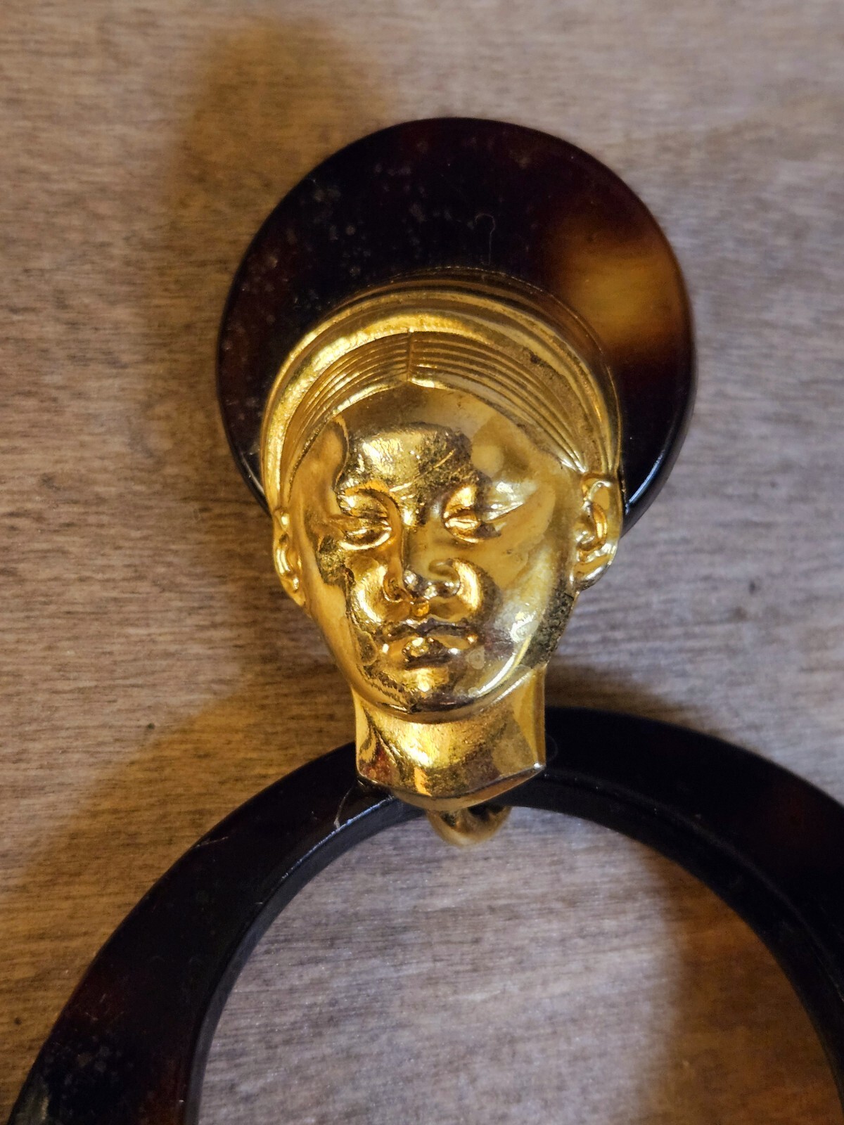 Door Knocker Earrings Tortoise Shell Acrylic Woman Head Gold Tone Pierced