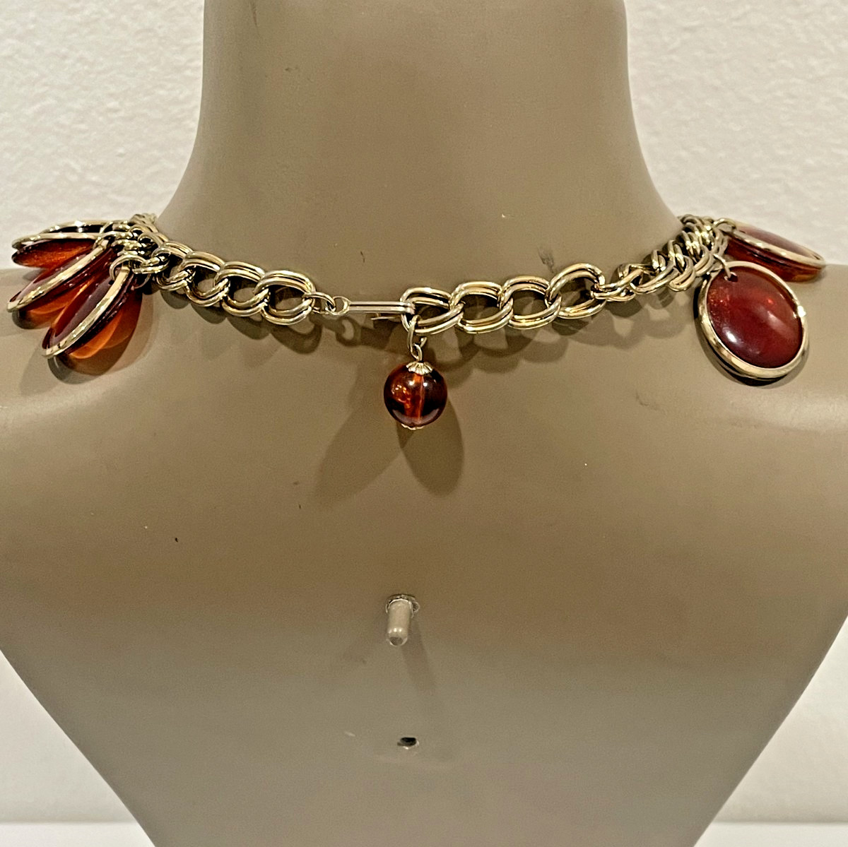 Vintage Statement Gold Tone & Lucite Coin Necklace 1950s 18″ Adjustable Unsigned