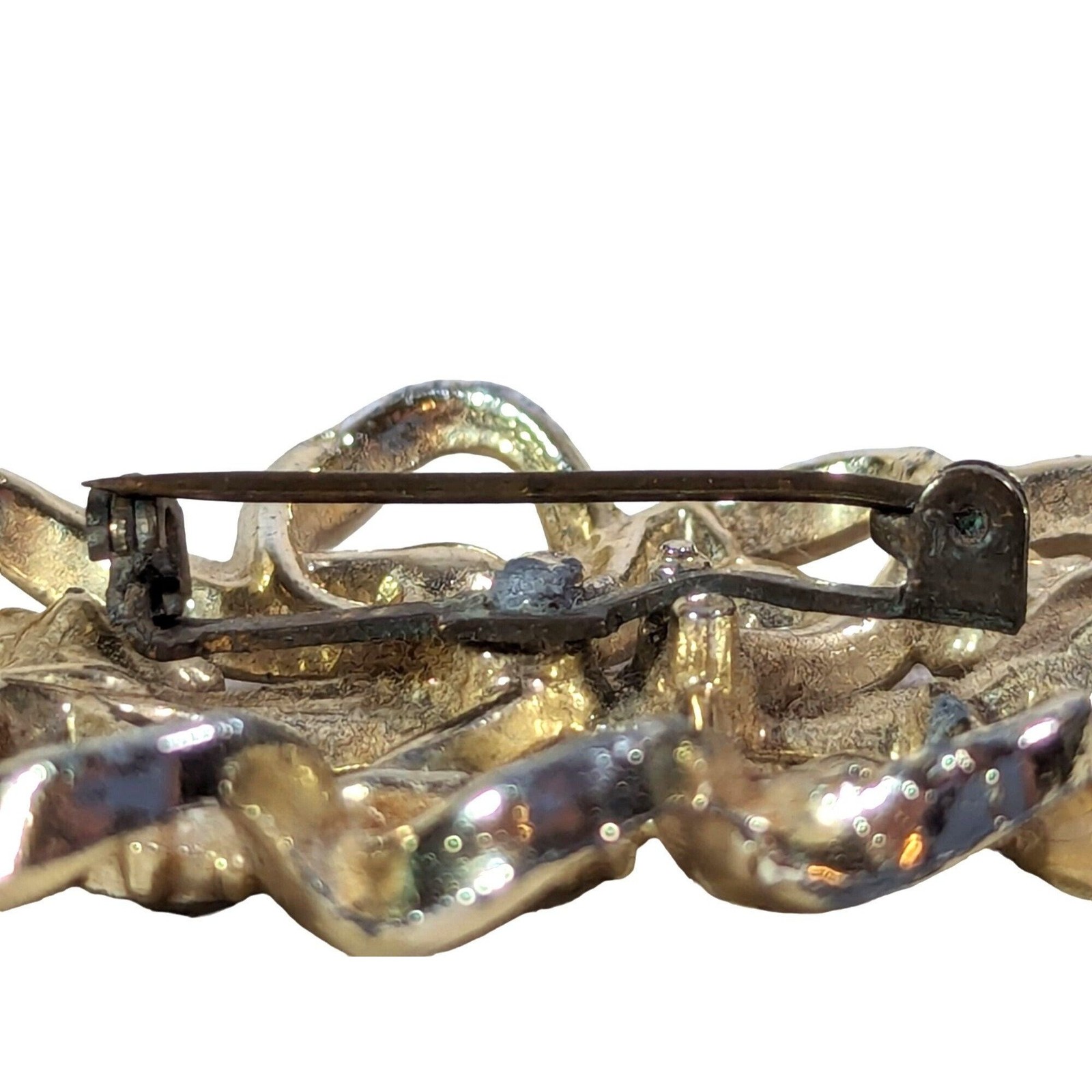 Gold Tone Swirl Leaf Brooch Pin Vintage 1960s Clear Rhinestones 2″ x 1.5″ Gift