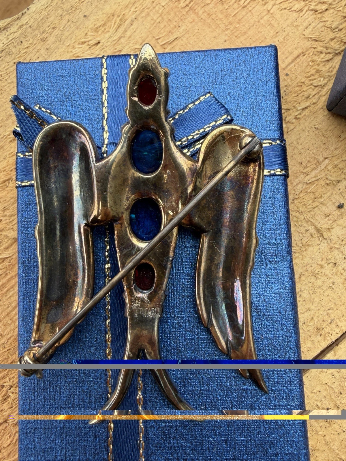 Crown Trifari Signed Huge Bird Brooch Pin Red Blue Glass Stone Rare