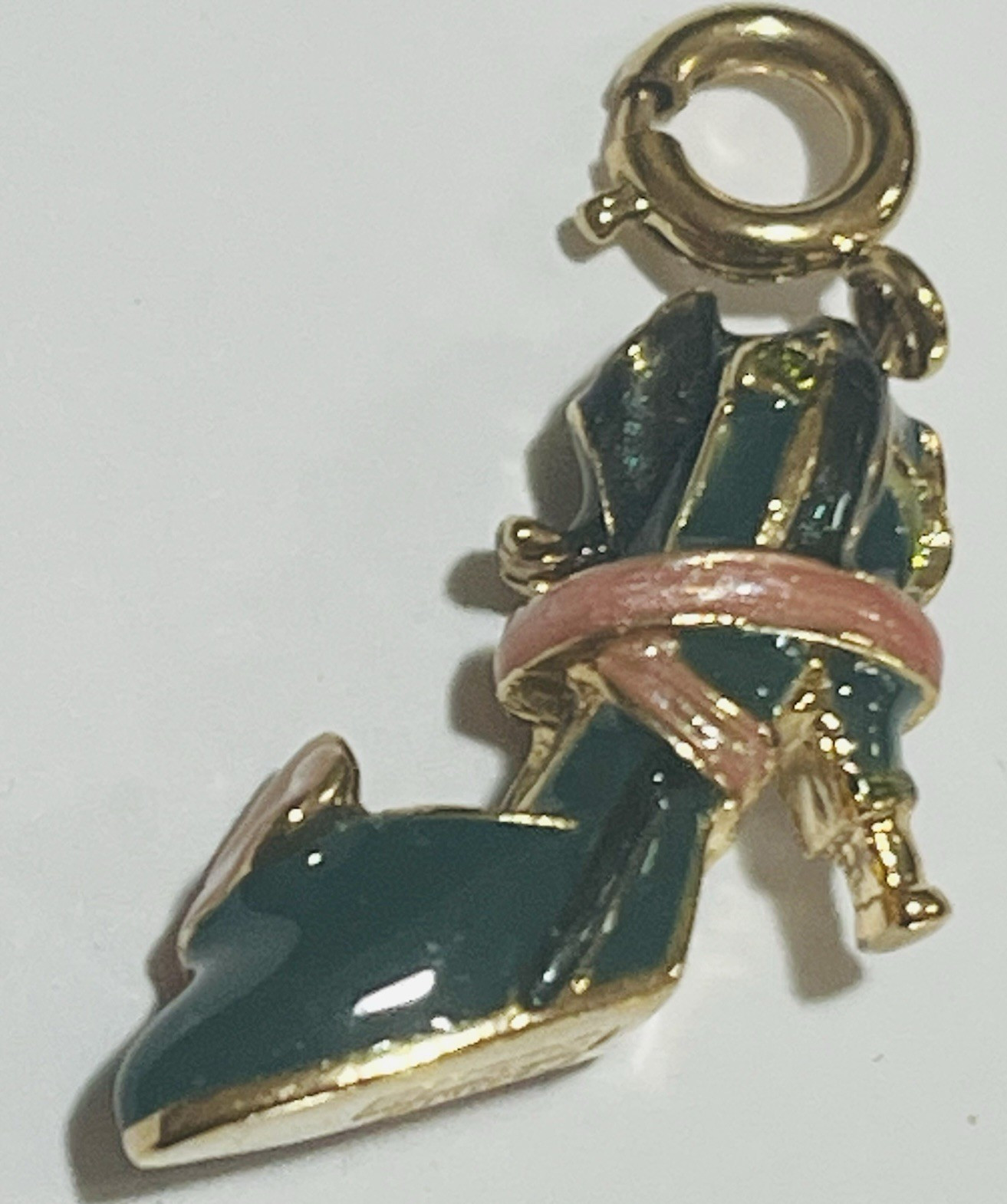 KJL Signed Dark Green Enamel with Pink Enamel Ribbon 1″ Heeled Shoe Charm