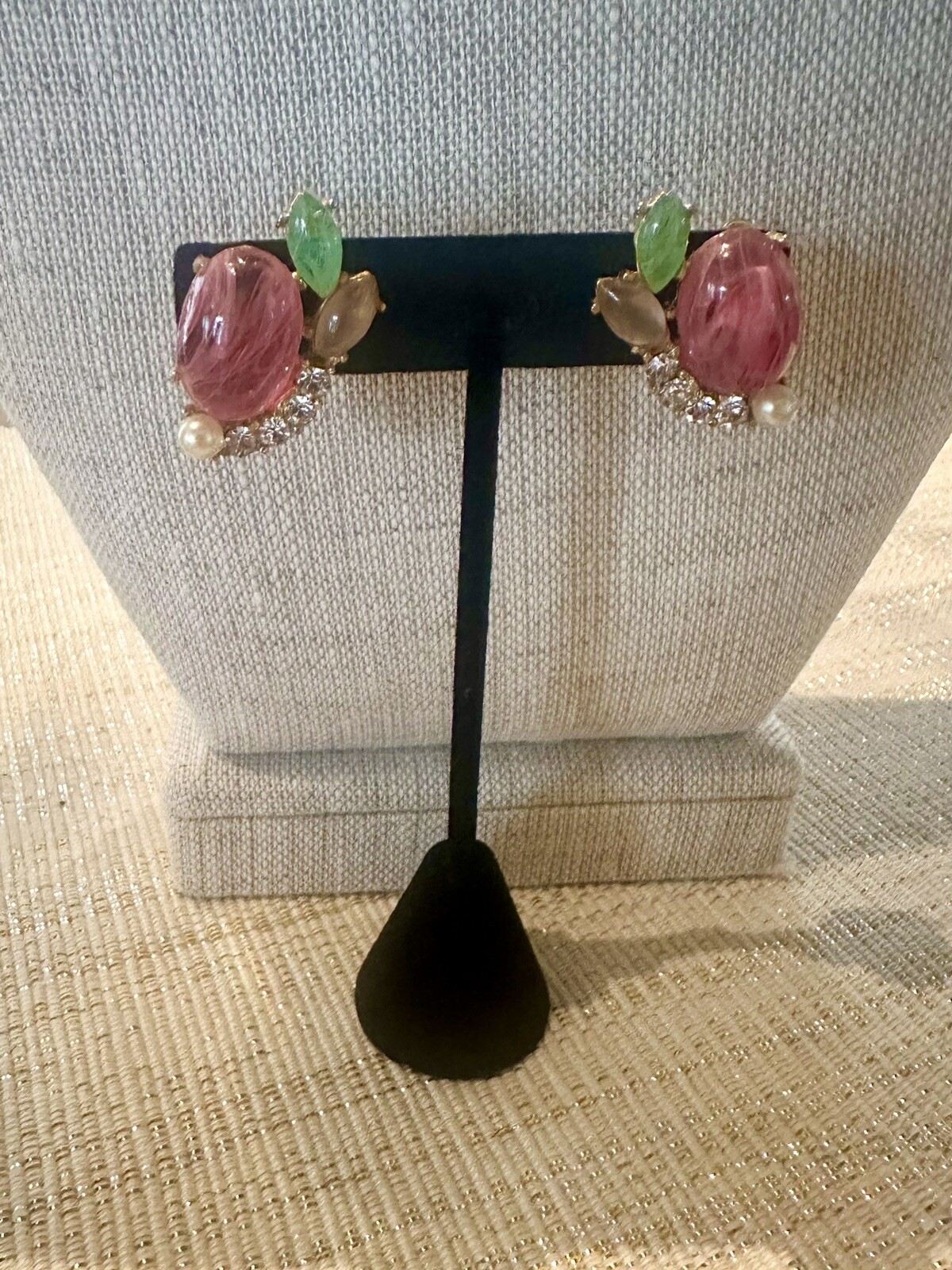Vintage GAY BOYER Pink Cabochon And Faux Pearl Clip Earrings