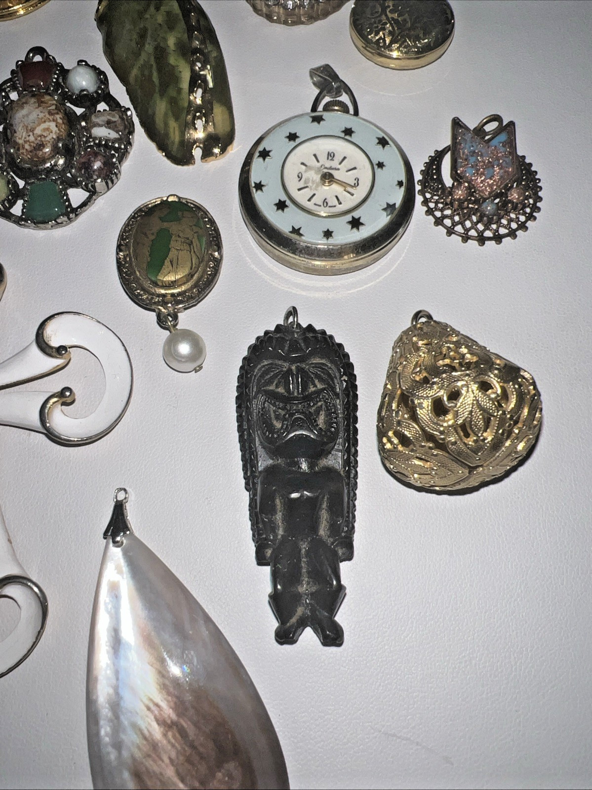 Vintage Unique Large Pendant Lot Cross Cameo Locket Watch Shell Stone Crystal