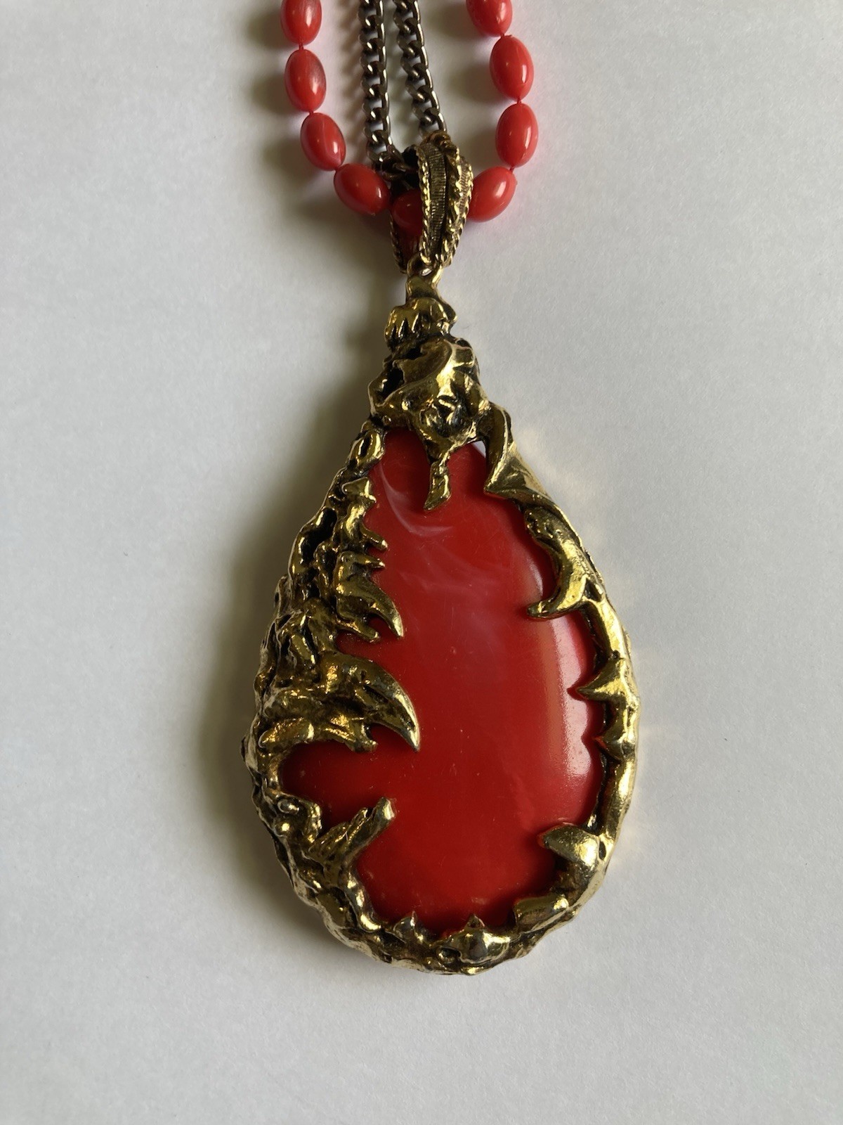 Vintage 1960s Brutalist Love Witch Necklace Deep Coral Lucite Gold Pendant