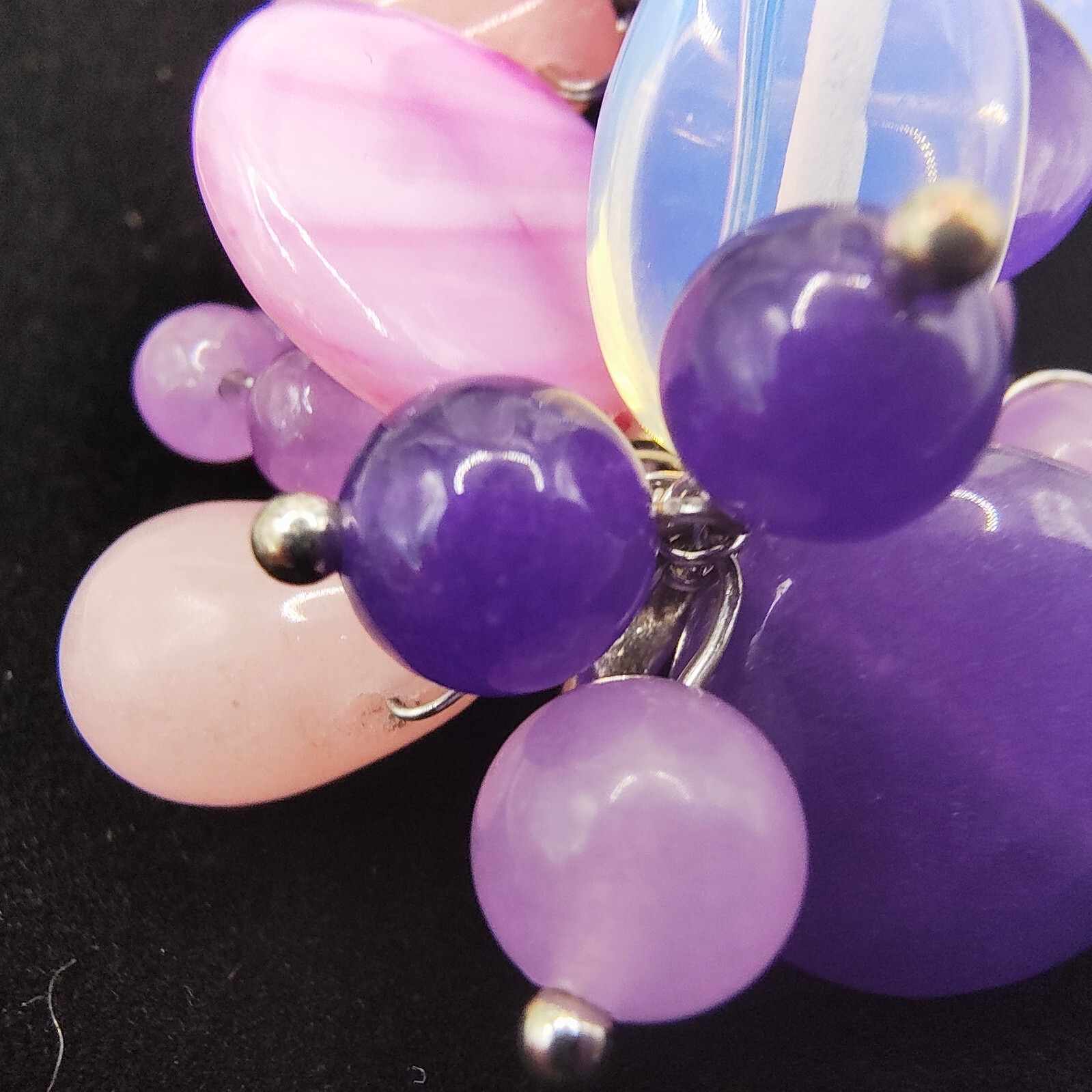 Chunky Purple Art Glass Brooch Pin Silver Tone Glass Beads Cluster Wire Abstract