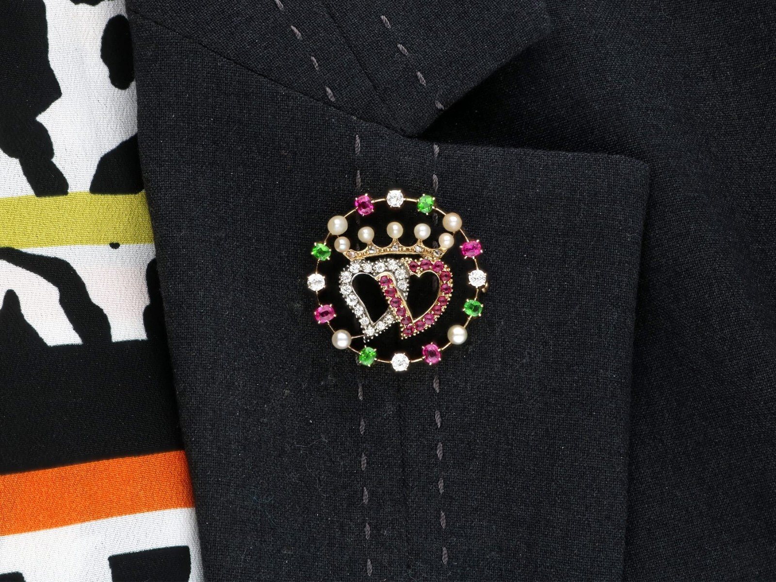 Pearl, 0.30Ct Demantoid Garnet, 0.45Ct Ruby, 0.35Ct Diamond, 14k Gold Brooch