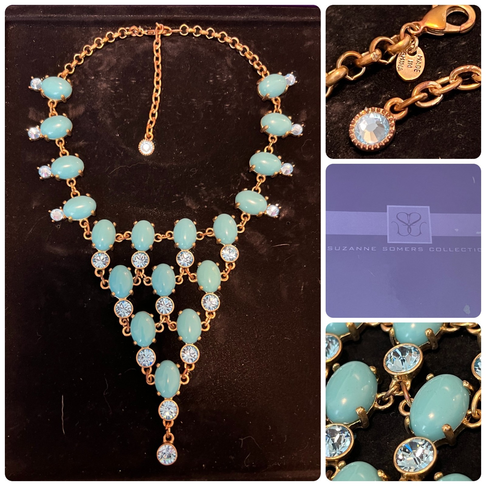 VINTAGE Suzanne Somers Bib Necklace Faux Turquoise w Faceted Blue Crystals NIB