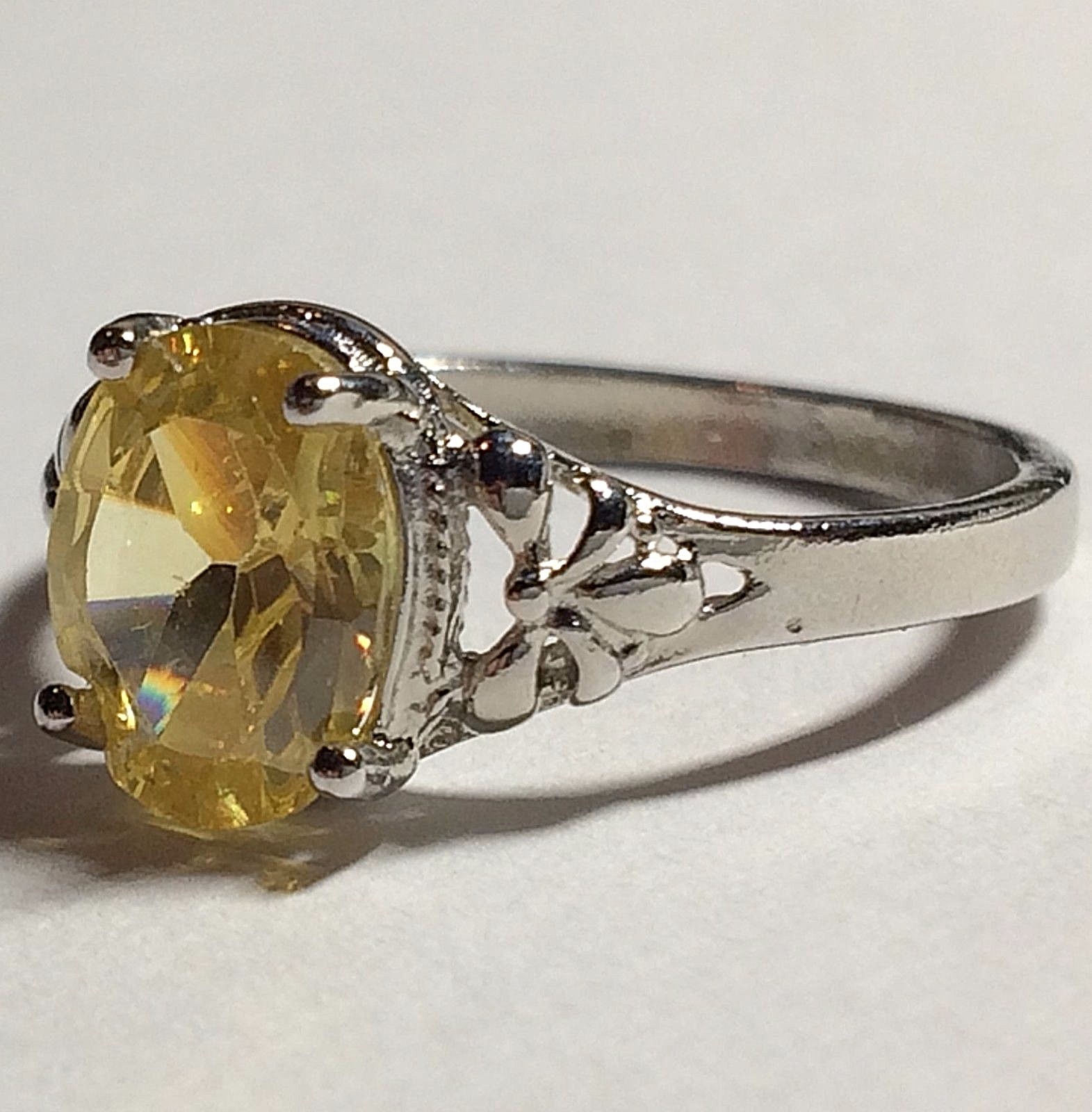 Sterling Silver Citrine Fleur de Lis Ring Size 7 Yellow CubicZirconia Simulated