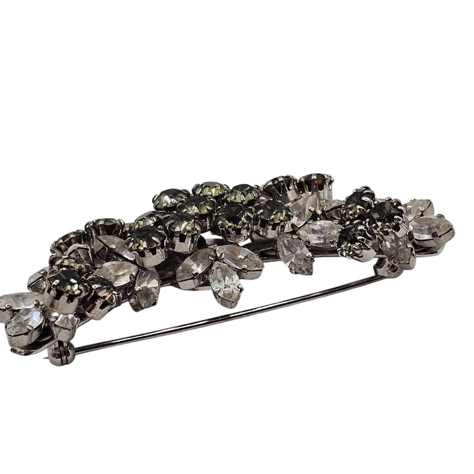 Vtg Schoffel & Co. Austrian Crystal Statement Brooch Green Gray Pin Floral Pin