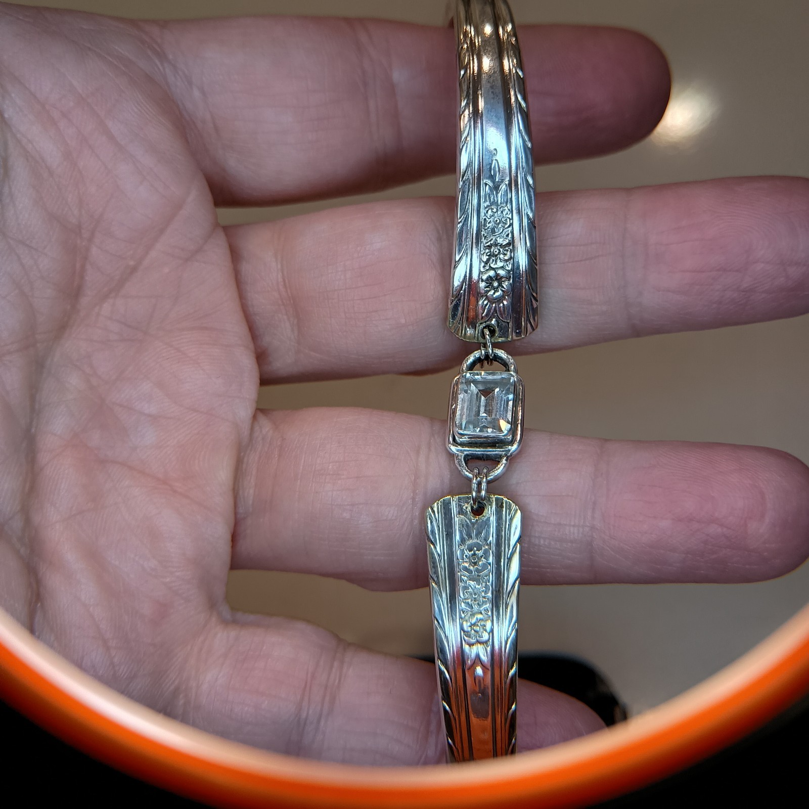 Vintage Holmes & Tuttle H&T Silverplate Spoon Bracelet Meadow Flower Clear Stone