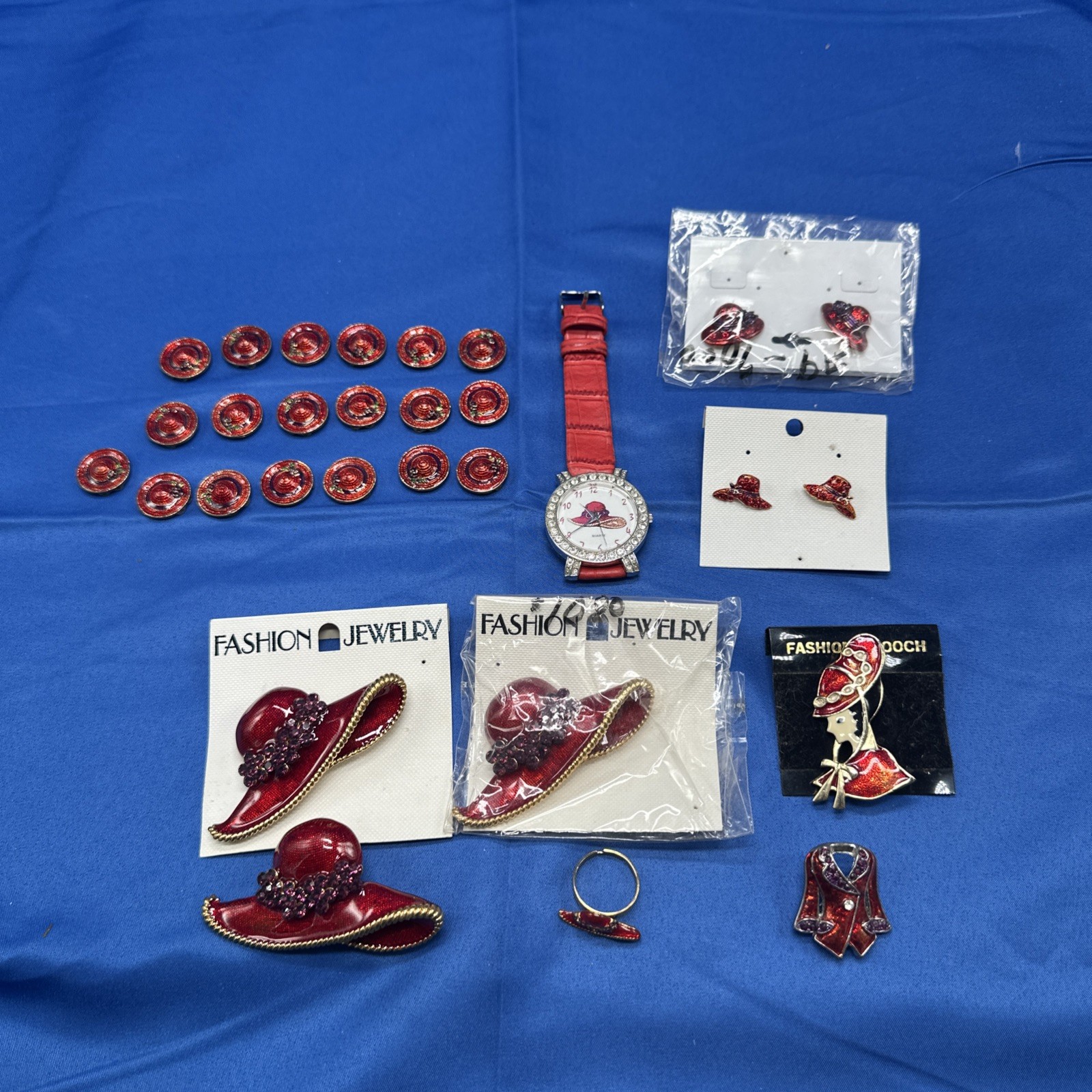 RED HAT SOCIETY JEWELRY LOT Broochs Pins Earrings Bracelet Buttons Watch