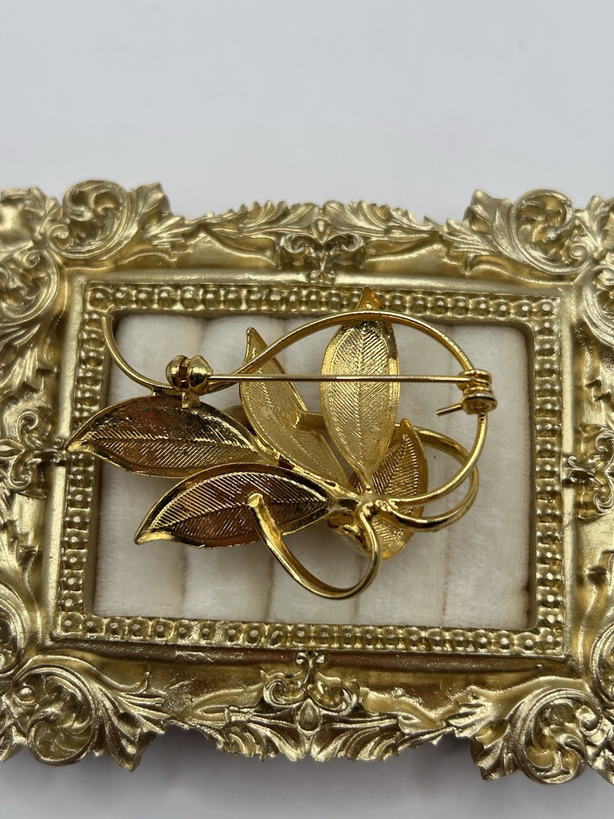 Vintage Leaf Brooch Gold Tone Enameled Light Pink Black Beaded 3D Leaves Pin