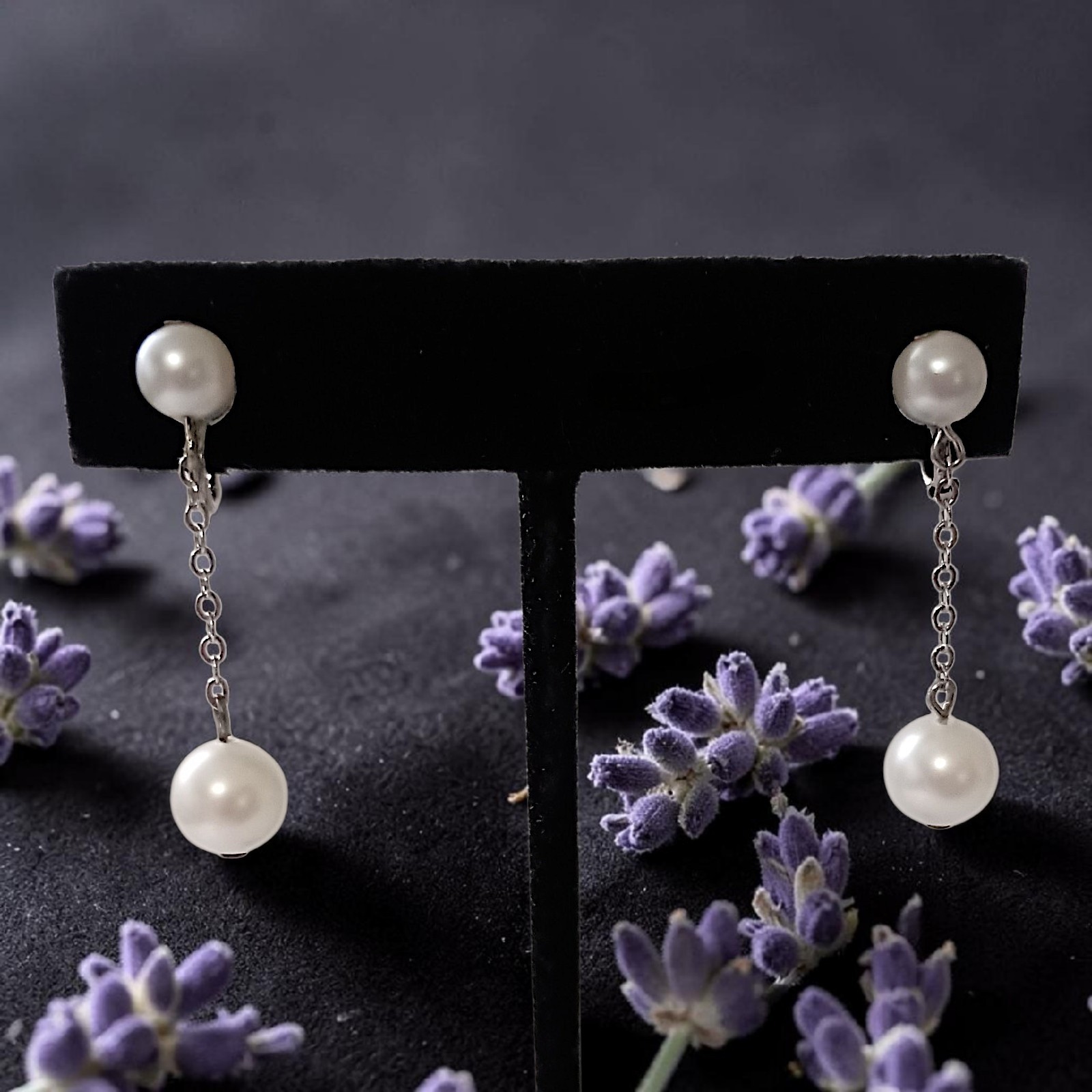 Vintage Faux Pearl Chain Dangle Earrings Dainty Delicate Silver Tone Elegant