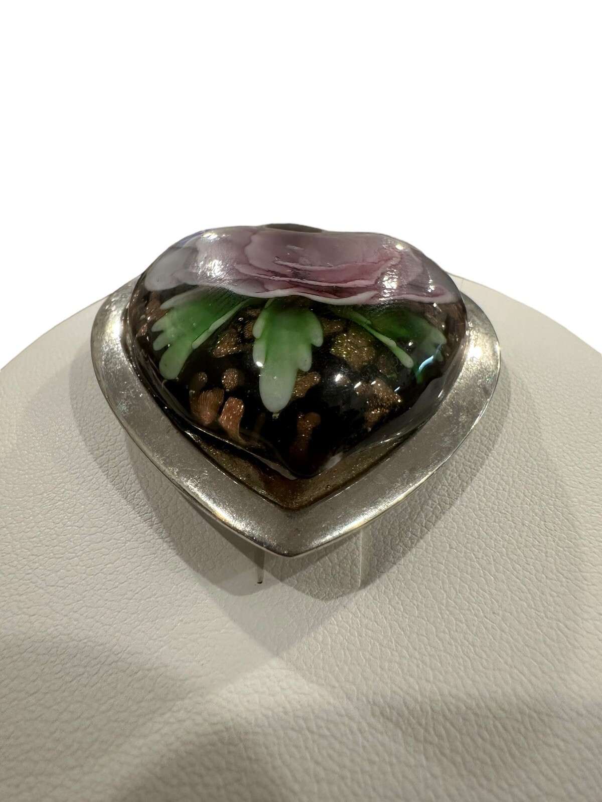 Metal Heart With Lucite Leaf and Flower Encased With Glitter Accent Pendant