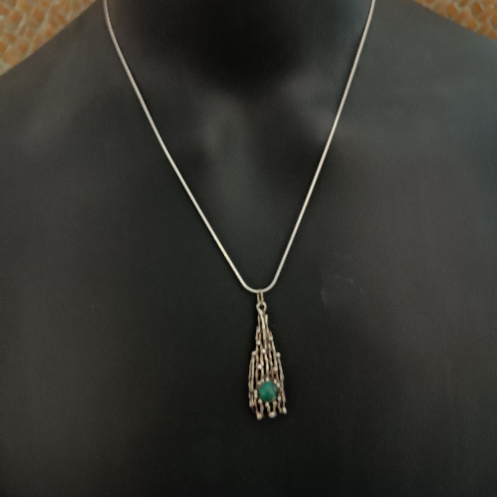 Modernist Brutalist Eilat Stone Pendant Necklace Sterling Silver Israeli 70s VTG