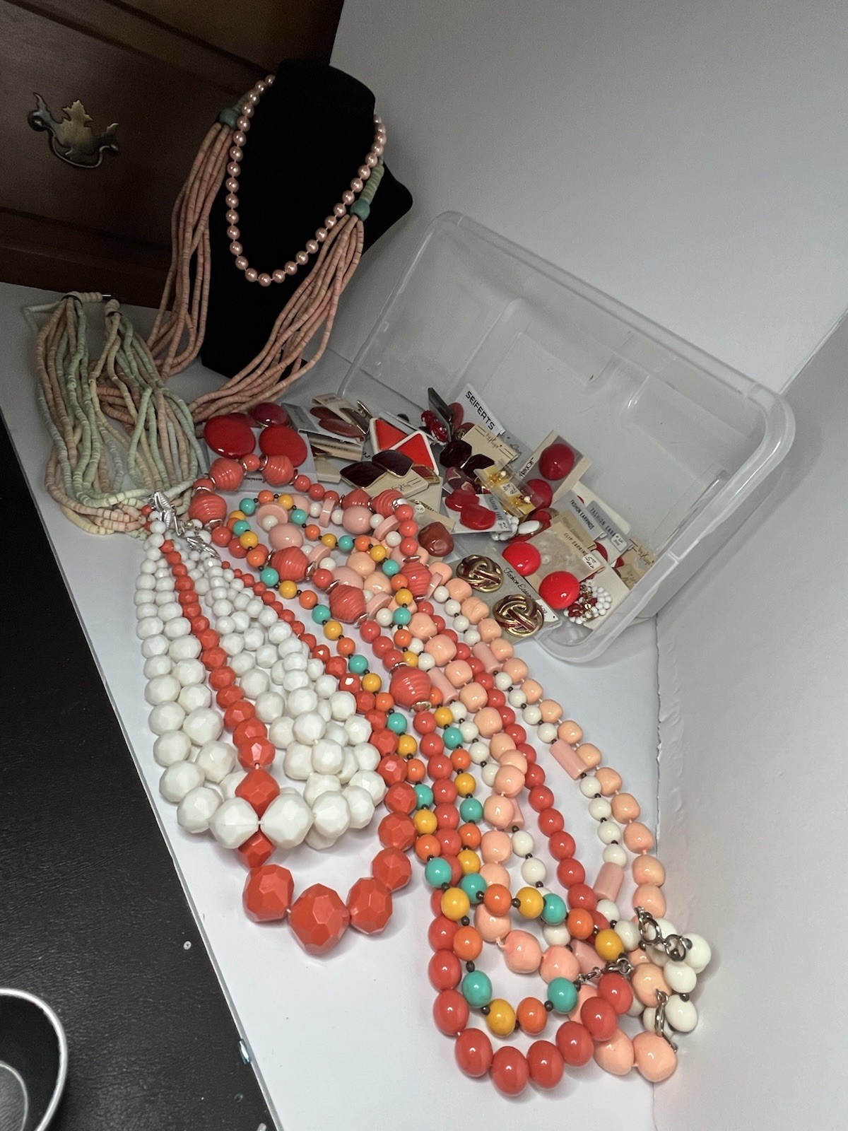 Vintage Lot Of 8 Necklaces And 30 Pairs Of Clip-On Earrings Reds Orange Peach