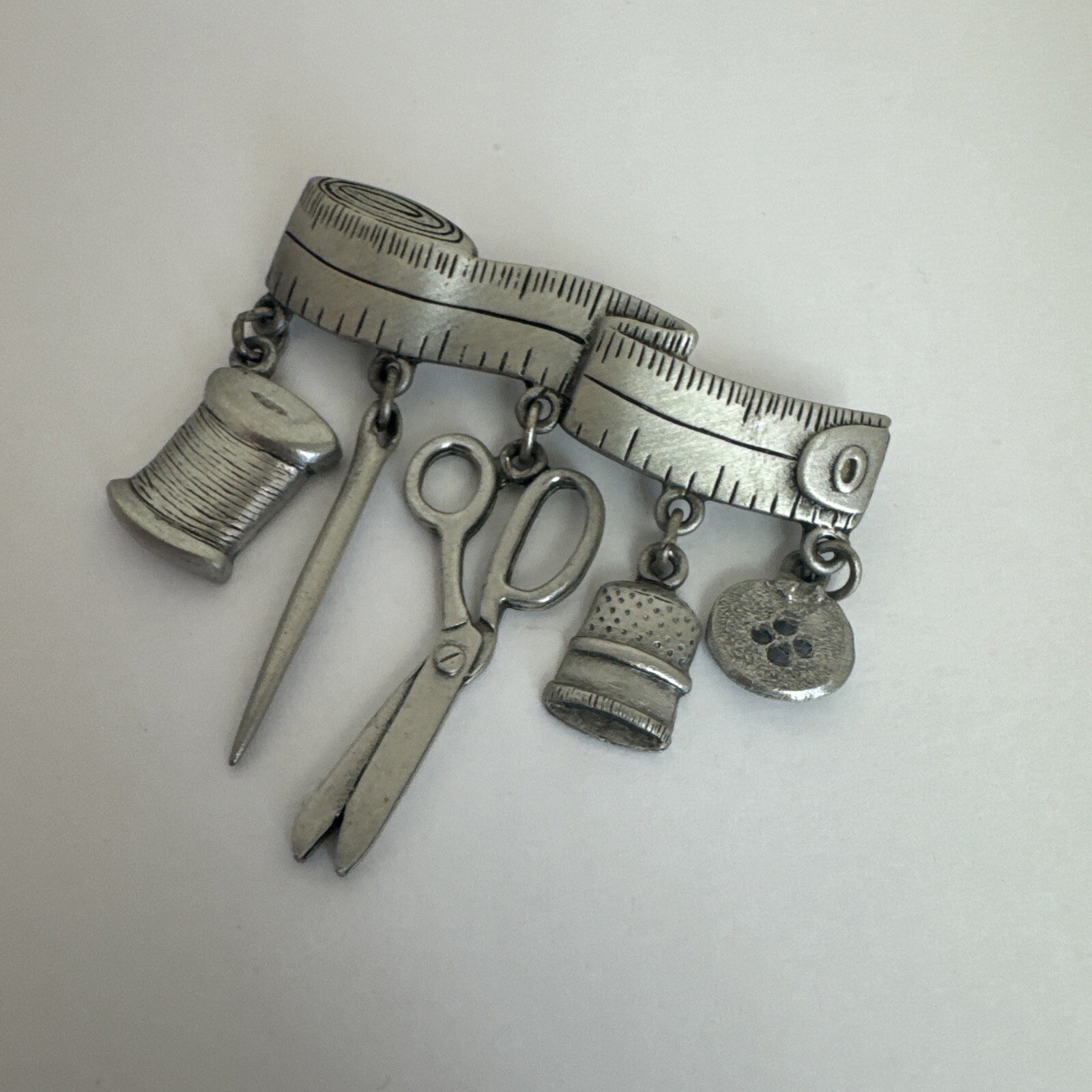 JJ Sewing Brooch Pewter Tape Measure With 5 Dangles