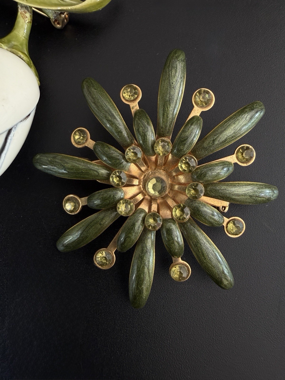 Vtg Flower Brooch Lot Green White Enamel Rhinestone Starburst Tulip Botanical