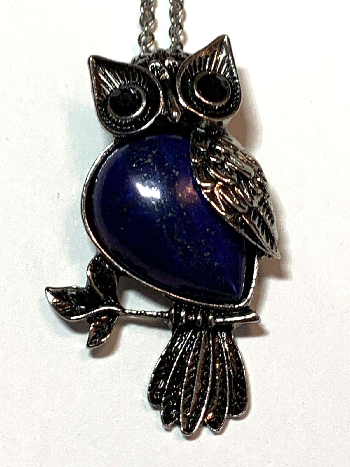 Lapis Lazuli Owl Pendant Glass Rhinestone Eyes Stainless Steel Chain Necklace