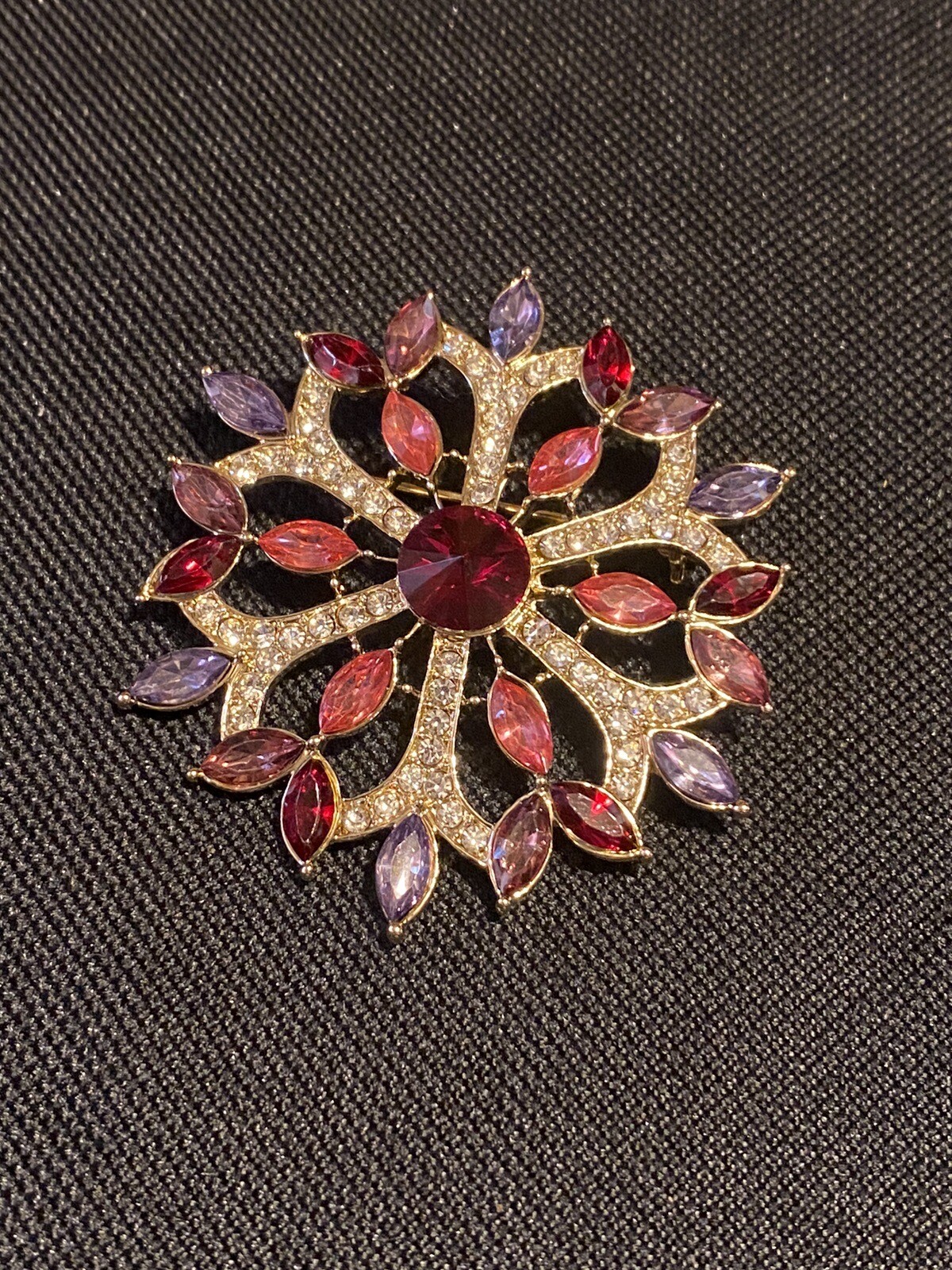 Anne Klein Colorful Red, Purple, Pink, White Rhinestone Snowflake Brooch, Signed