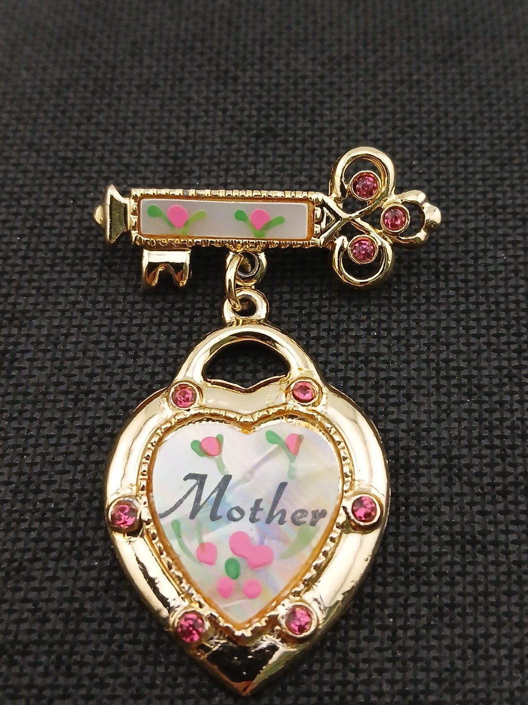 VINTAGE M.O.P. pink stones hand painted flowers Key dangle heart mother BROOCH