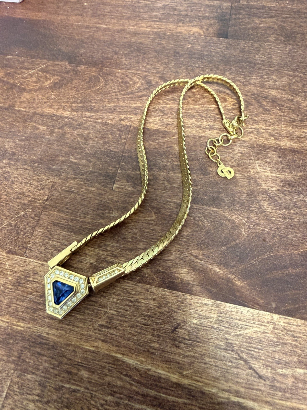 Vintage Christian Dior Blue Crystal Geometric Statement Necklace Gold 17-19”